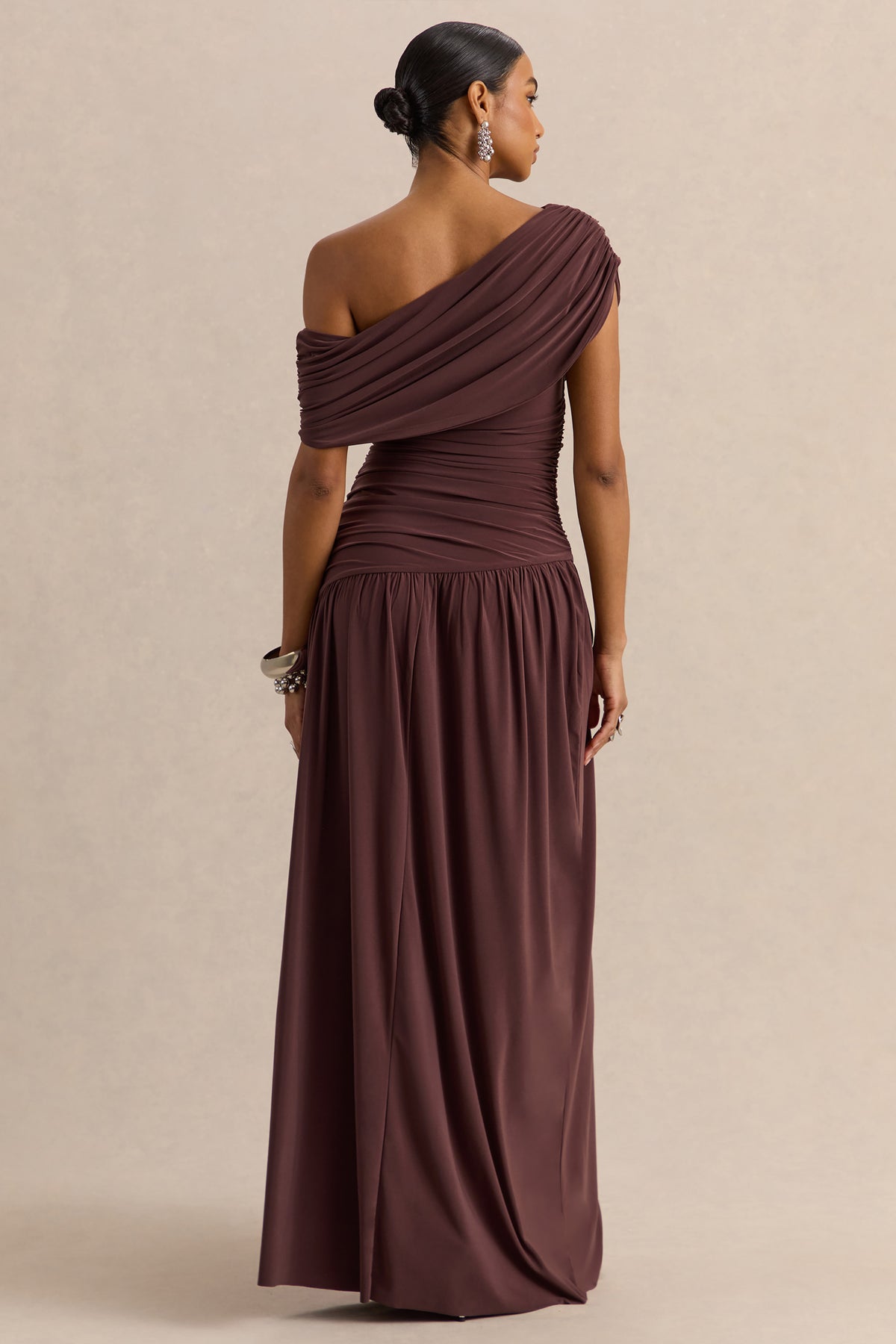 drop waist bridesmaid dress Emberly | Brown Draped Asymmetric-Neck Maxi Dress With Drop-Waist