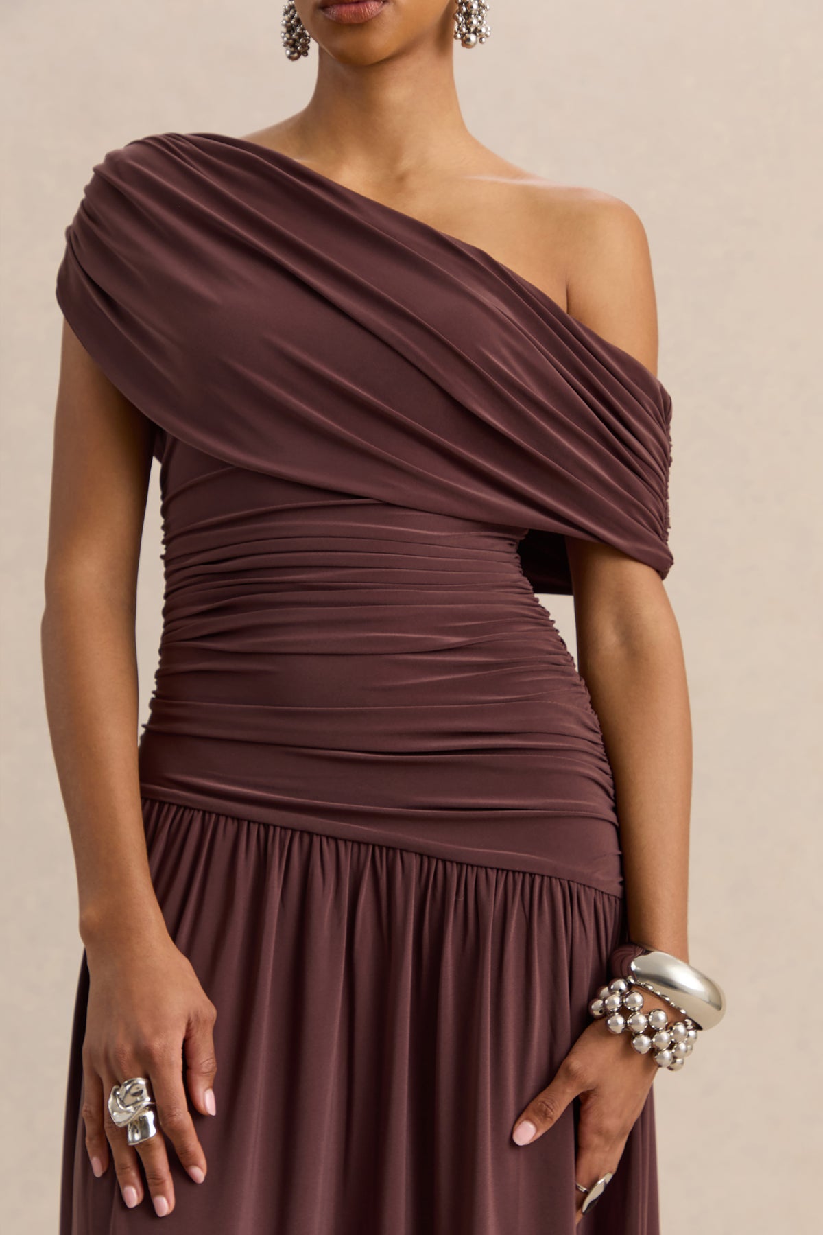 Emberly Brown Draped Asymmetric-Neck Maxi Dress With Drop-Waist Club L London - USA Emberly Brown Draped Asymmetric-Neck Maxi Dress With Drop-Waist Club L London - USA