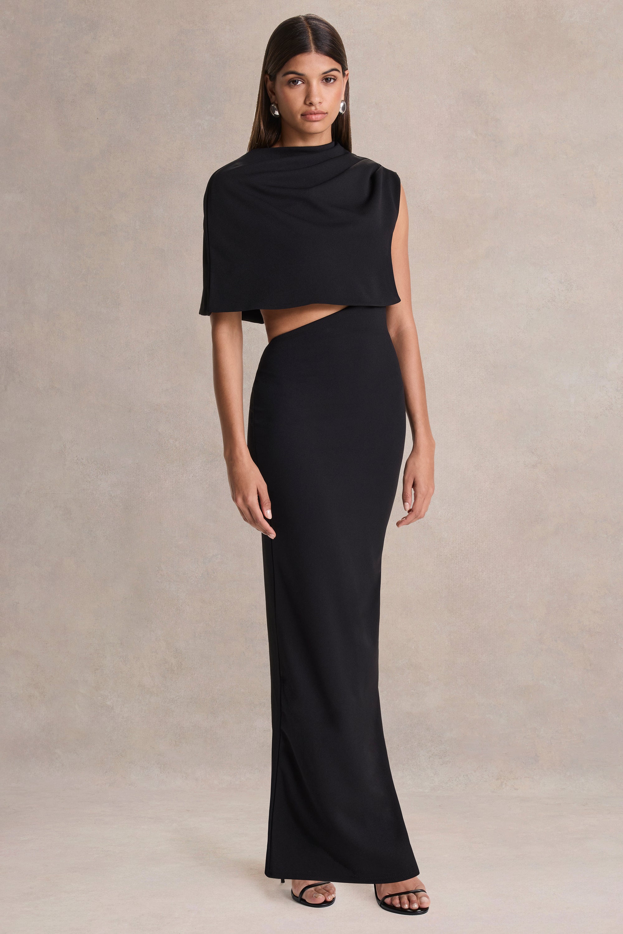 high cut maxi dress High Neck Plunge Cut Out Front Detail Ruched Maxi Dress In Brown | EGO US