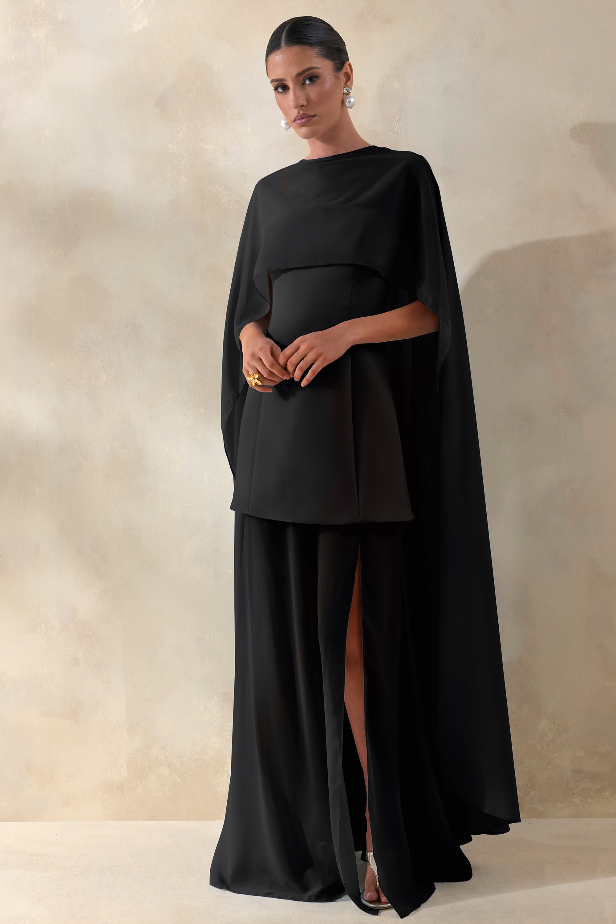 black cape dress Black crpe dress with cape sleeves