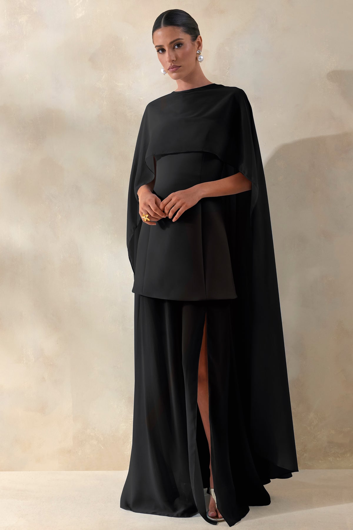 Chessa | Black Slashed-Neck Maxi Dress With Sheer Cape - UK 12 Black Chessa | Black Slashed-Neck Maxi Dress With Sheer Cape - UK 12 Black