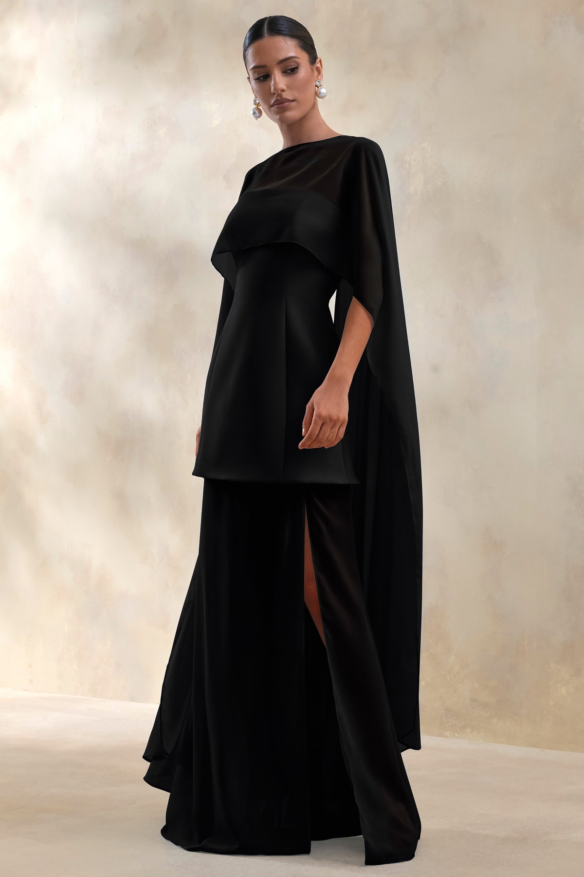 Chessa Black Slashed-Neck Maxi Dress With Sheer Cape Club L London - USA Chessa Black Slashed-Neck Maxi Dress With Sheer Cape Club L London - USA