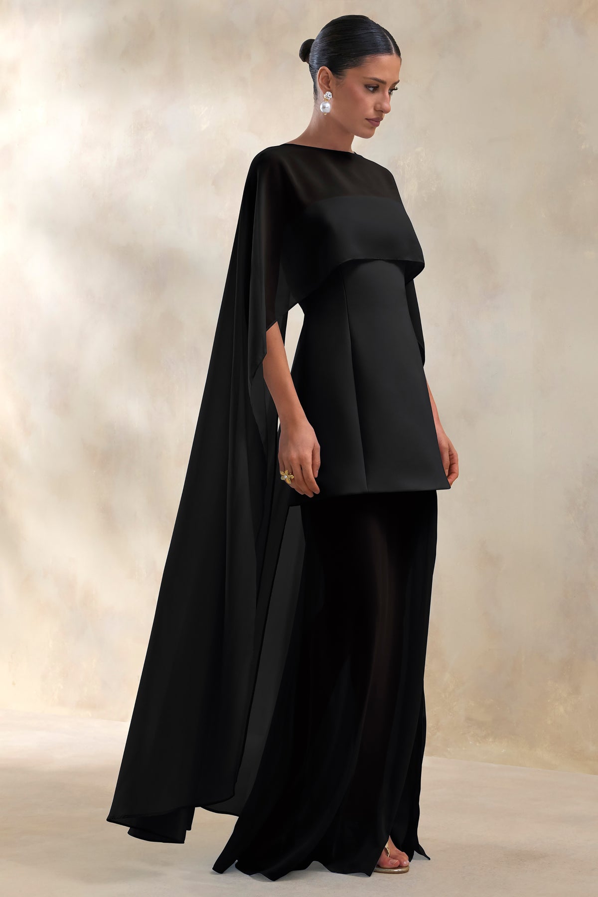 Chessa | Black Slashed-Neck Maxi Dress With Sheer Cape - UK 16 Black Chessa | Black Slashed-Neck Maxi Dress With Sheer Cape - UK 16 Black