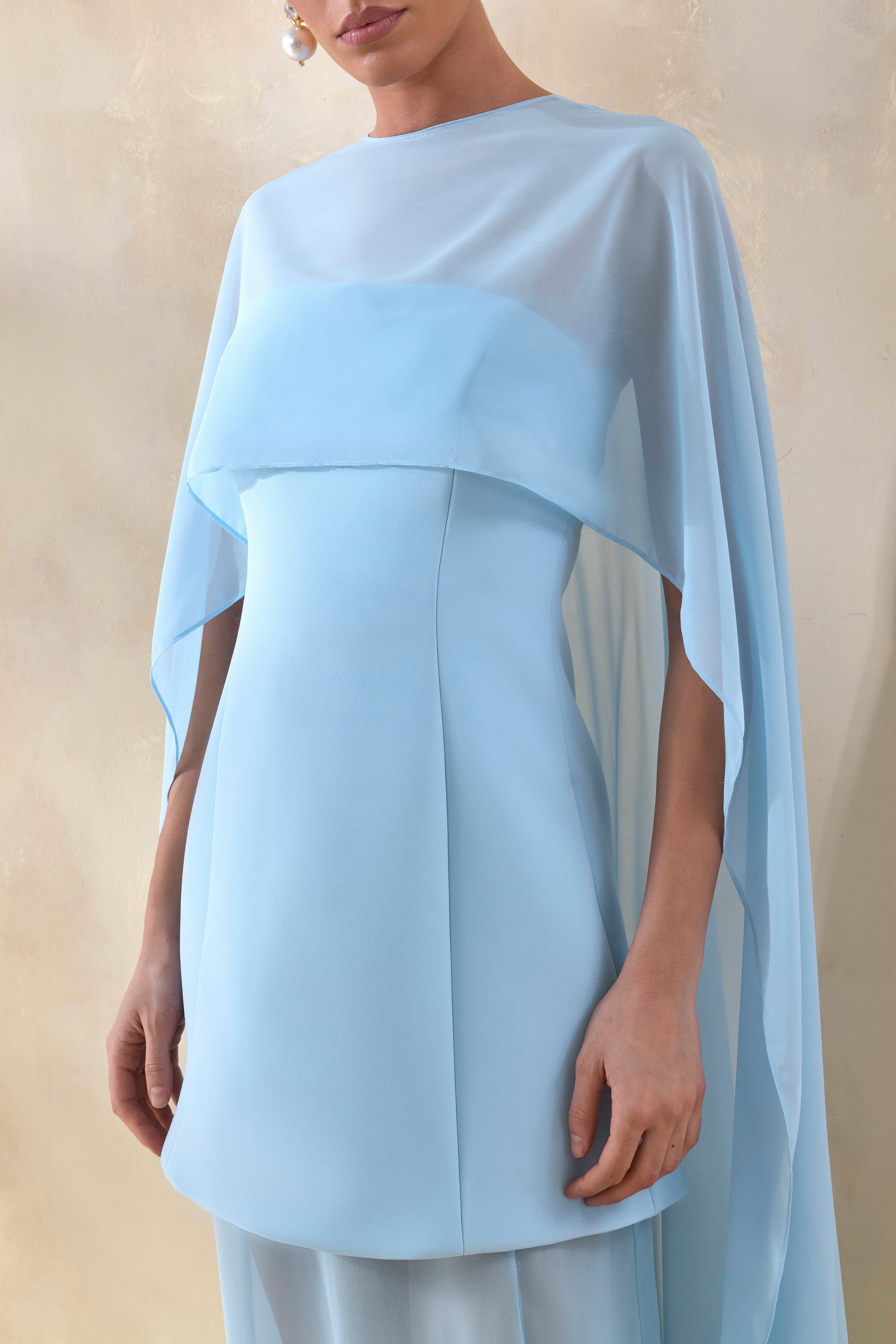 Chessa | Powder Blue Boat-Neck Maxi Dress With Sheer Cape – Club L