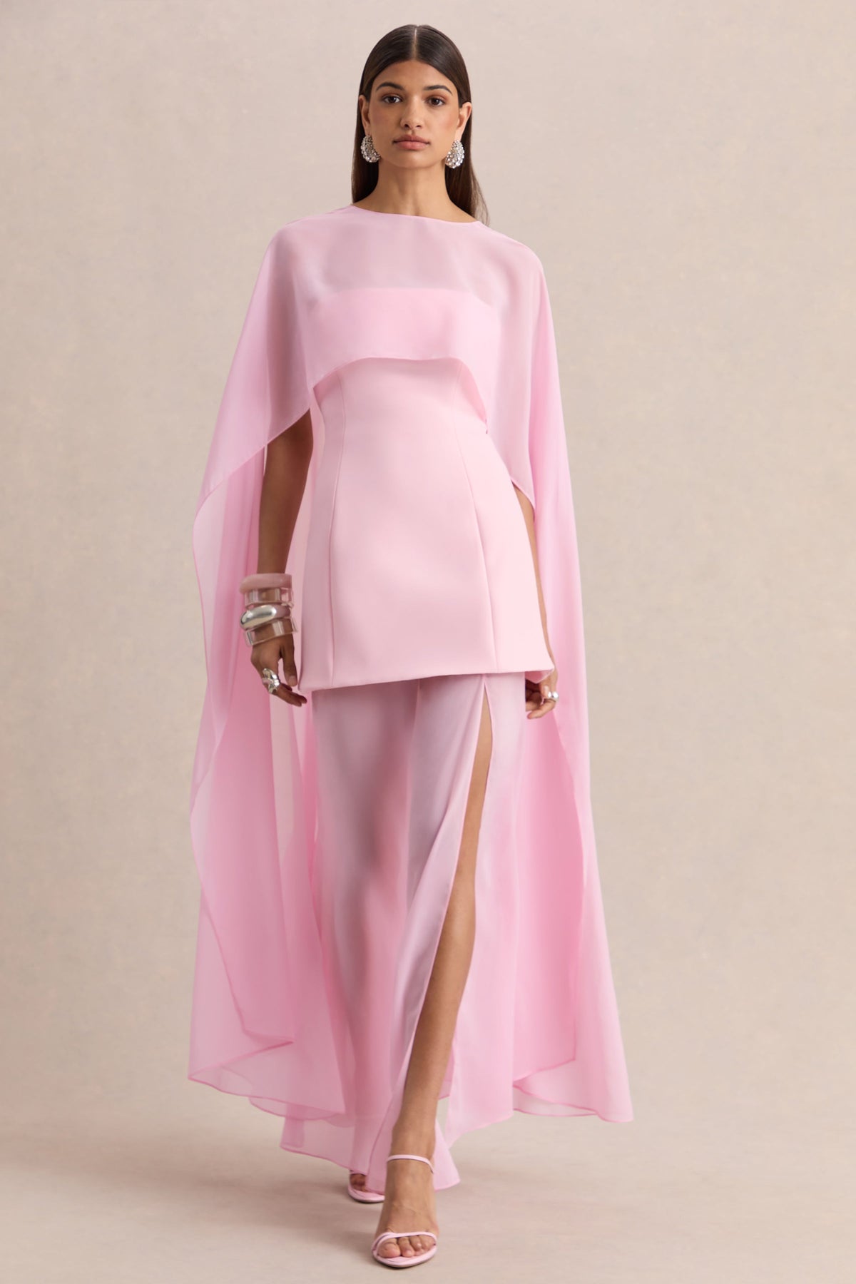 Chessa | Light PINK Boat-Neck Maxi Dress With Sheer Cape - UK 8 Light PINK Chessa | Light PINK Boat-Neck Maxi Dress With Sheer Cape - UK 8 Light PINK