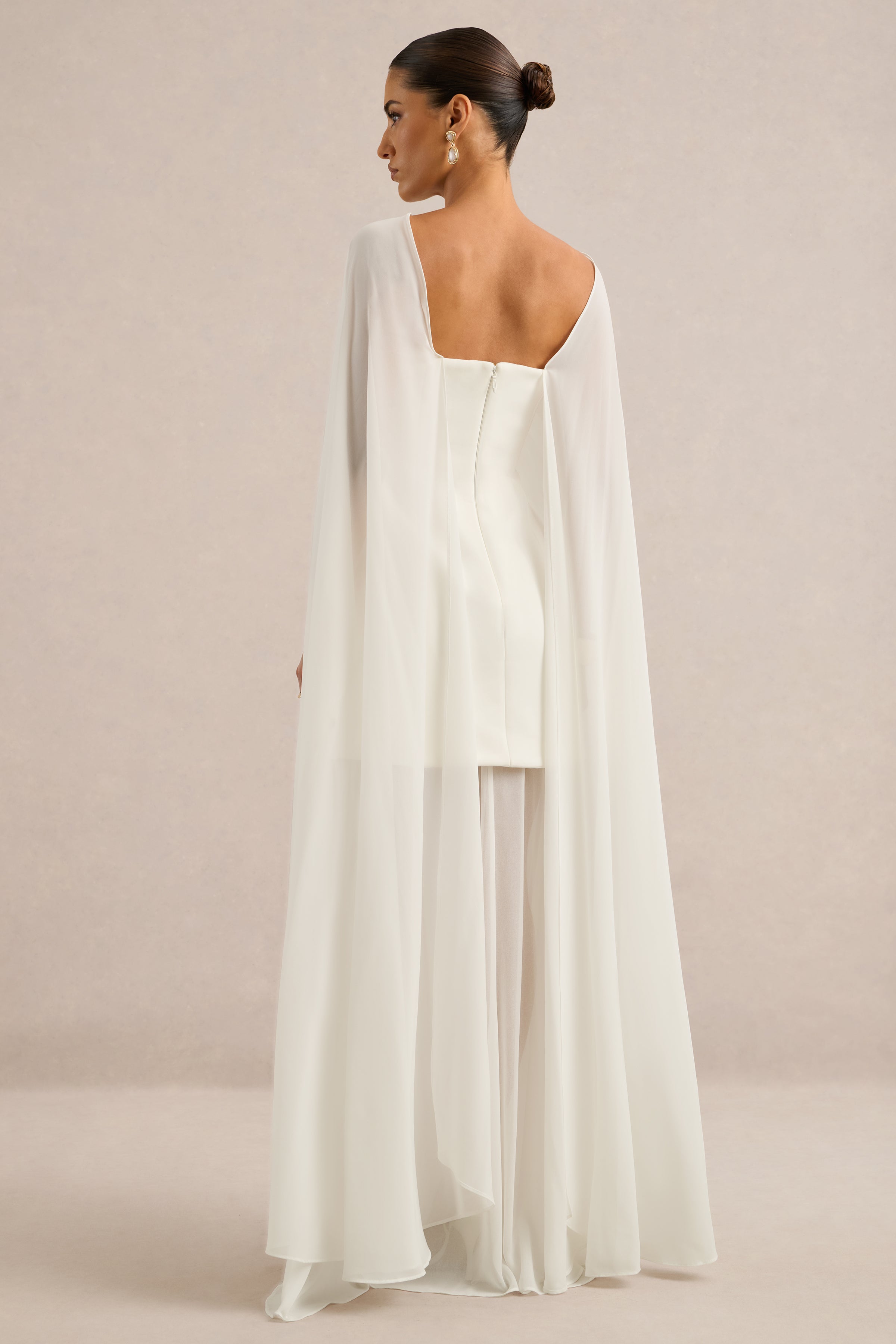 Chessa | White Scuba Boat Neck Short Sleeve Maxi Dress With Sheer