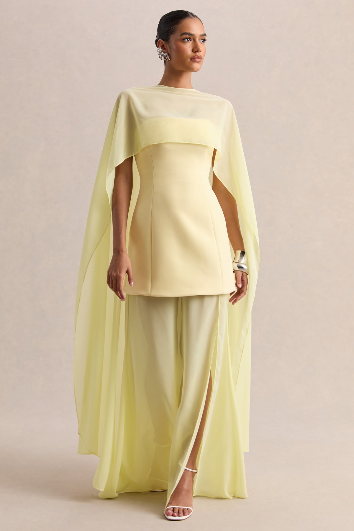Chessa | Lemon Boat-Neck Maxi Dress With Sheer Cape - UK 16 Lemon Chessa | Lemon Boat-Neck Maxi Dress With Sheer Cape - UK 16 Lemon