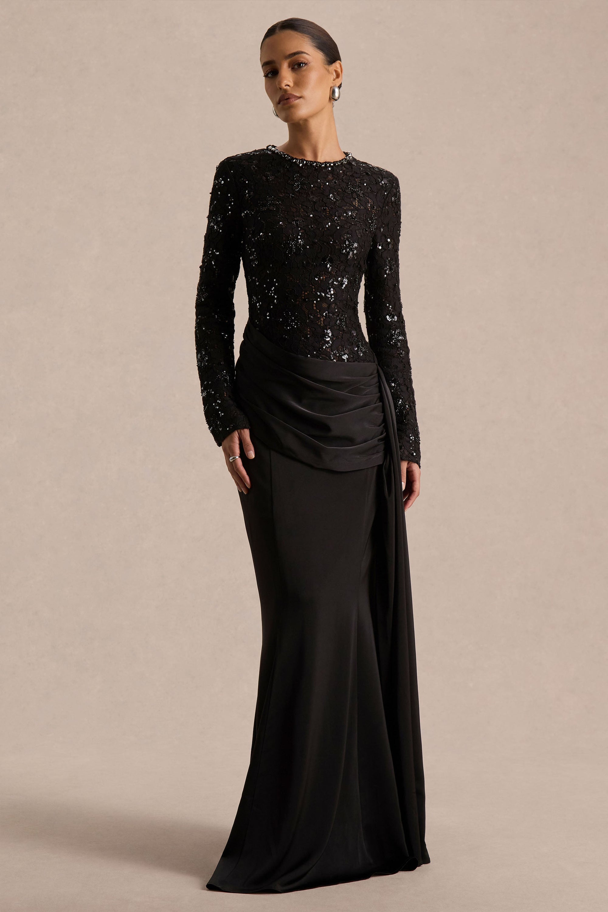 black high neck lace prom dress High-neck Black Lace Formal Mermaid Long Evening Prom Dresses, Long Sleeves Prom Dress, MR8879