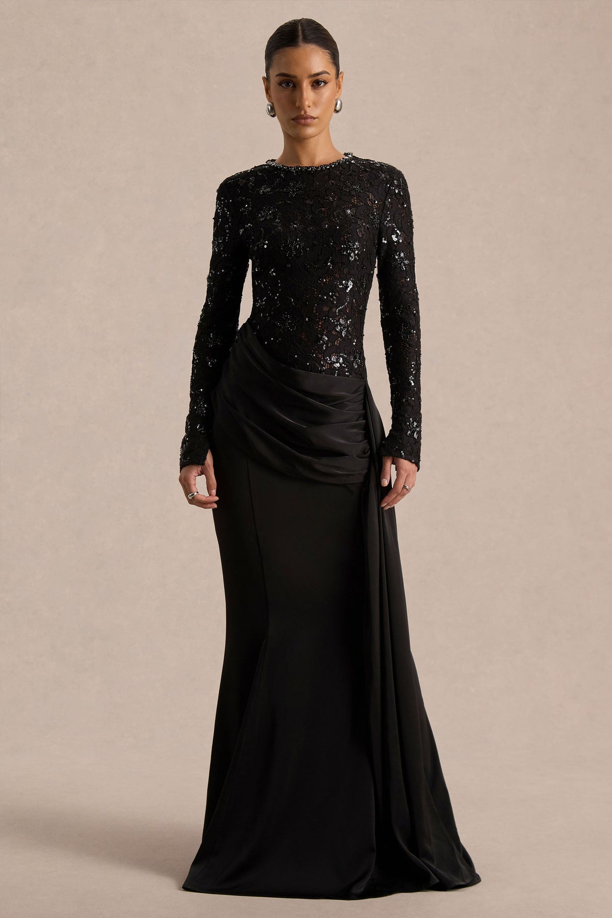 Beau | Black Lace High-Neck Maxi Dress With Draped Detail - UK 16 Black Beau | Black Lace High-Neck Maxi Dress With Draped Detail - UK 16 Black