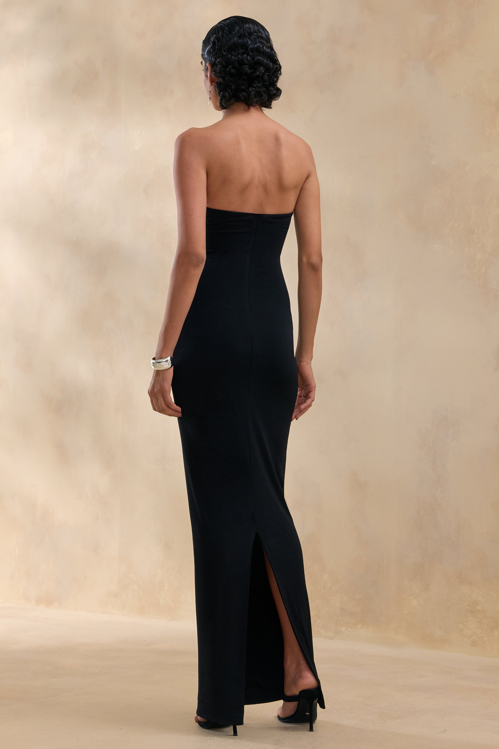 Milania | Black Asymmetric-Neck Maxi Dress With Twist-Sleeve