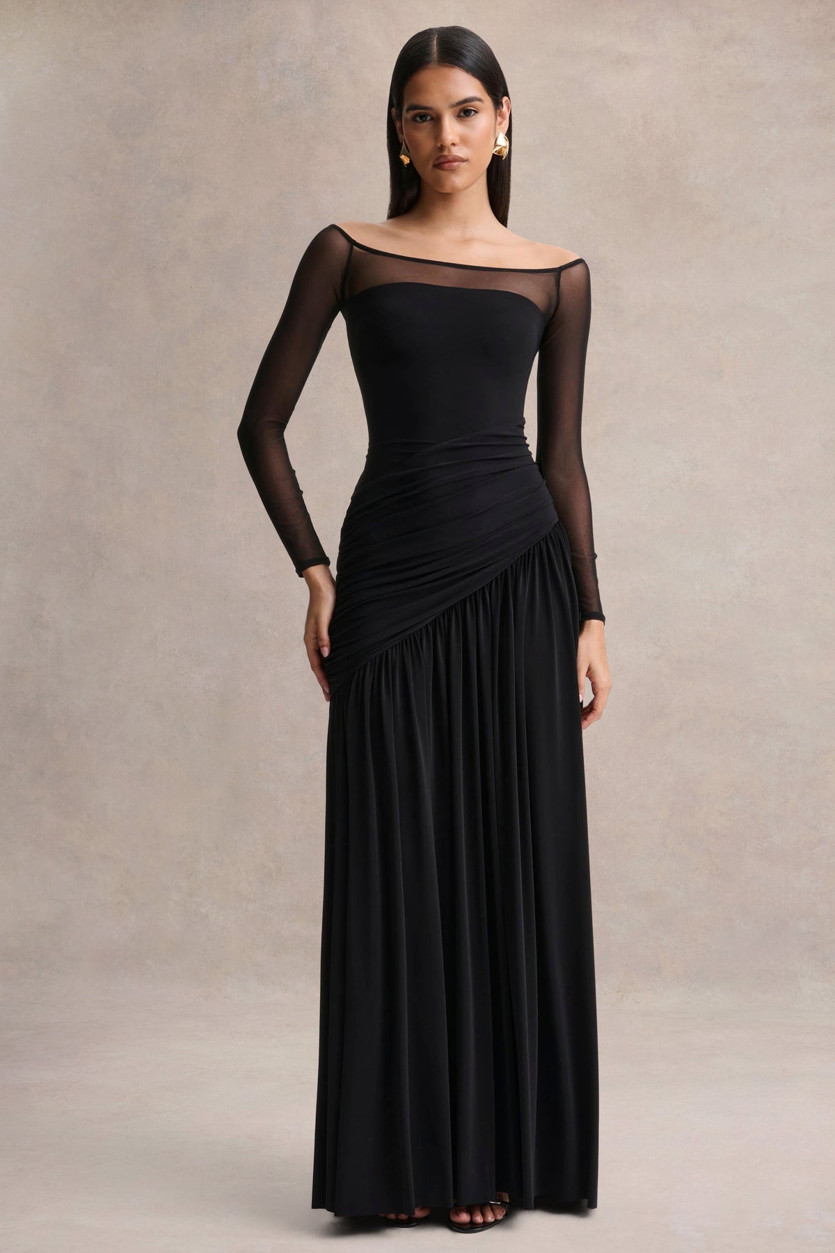 Bexley | Black Bardot-Neck Draped Maxi Dress with Long Mesh-Sleeves - UK 14 Black Bexley | Black Bardot-Neck Draped Maxi Dress with Long Mesh-Sleeves - UK 14 Black