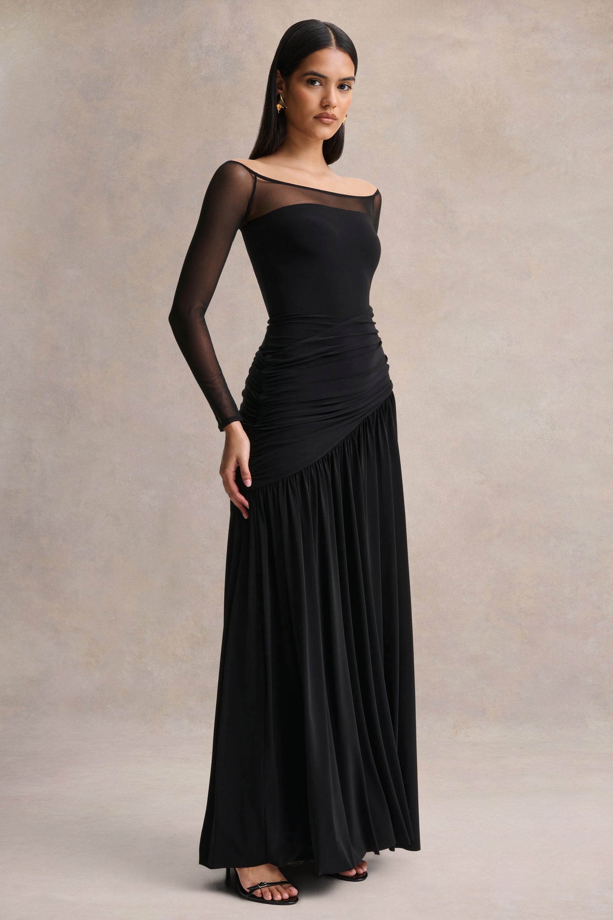 Bexley | Black Bardot-Neck Draped Maxi Dress With Long Mesh