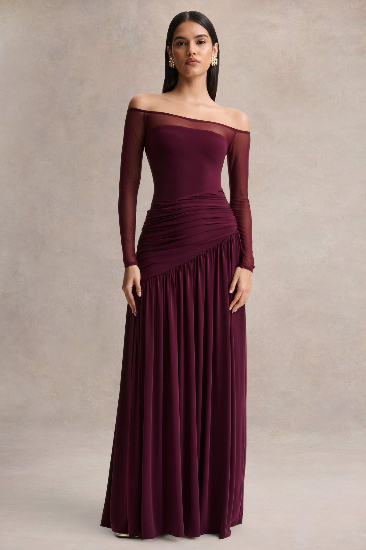 Bexley | Dark PLUM Bardot-Neck Maxi Dress With Mesh Sleeves - UK 12 DEEP PLUM Bexley | Dark PLUM Bardot-Neck Maxi Dress With Mesh Sleeves - UK 12 DEEP PLUM