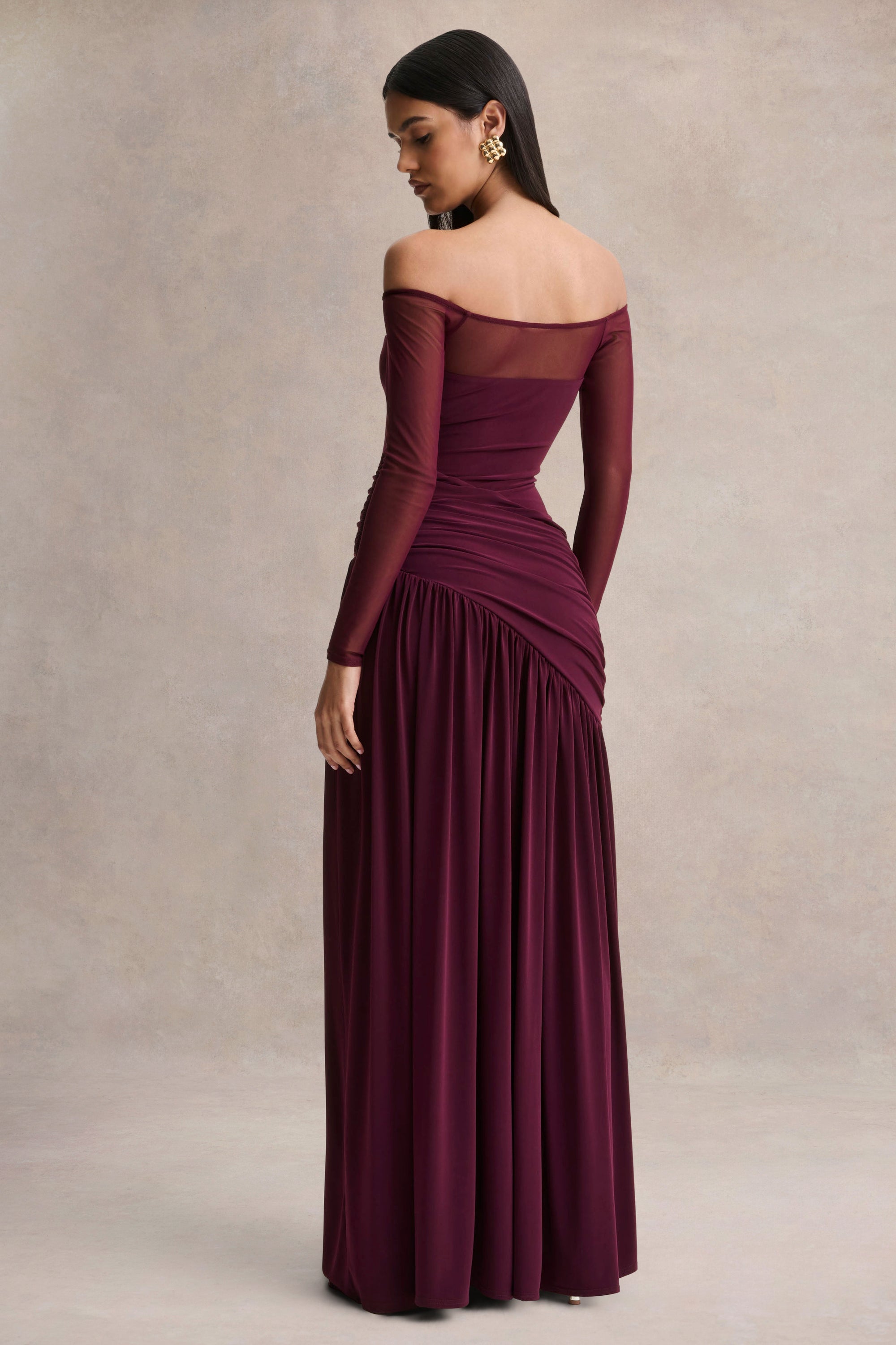Bexley | Dark PLUM Bardot-Neck Maxi Dress With Mesh Sleeves
