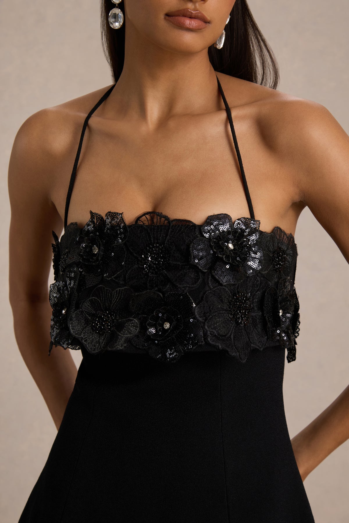 Tempest Black Halter-Neck Mini Dress With Hand-Embellished Panel Club L London - USA Tempest Black Halter-Neck Mini Dress With Hand-Embellished Panel Club L London - USA