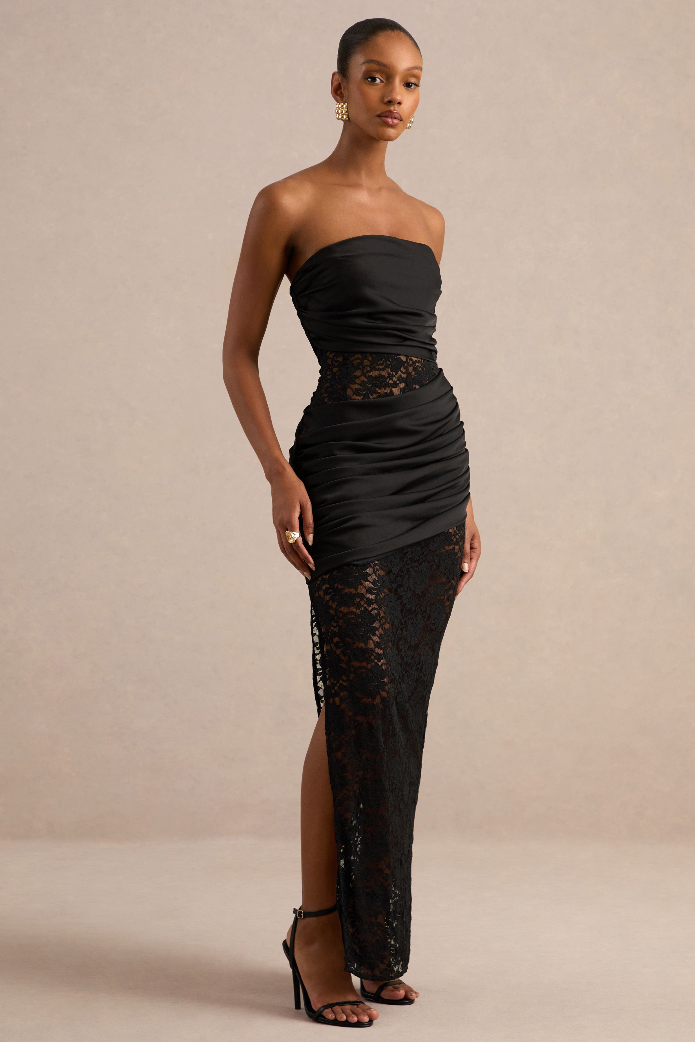 Dulcie | Black Lace And Satin Bandeau Midaxi Dress With Wrap
