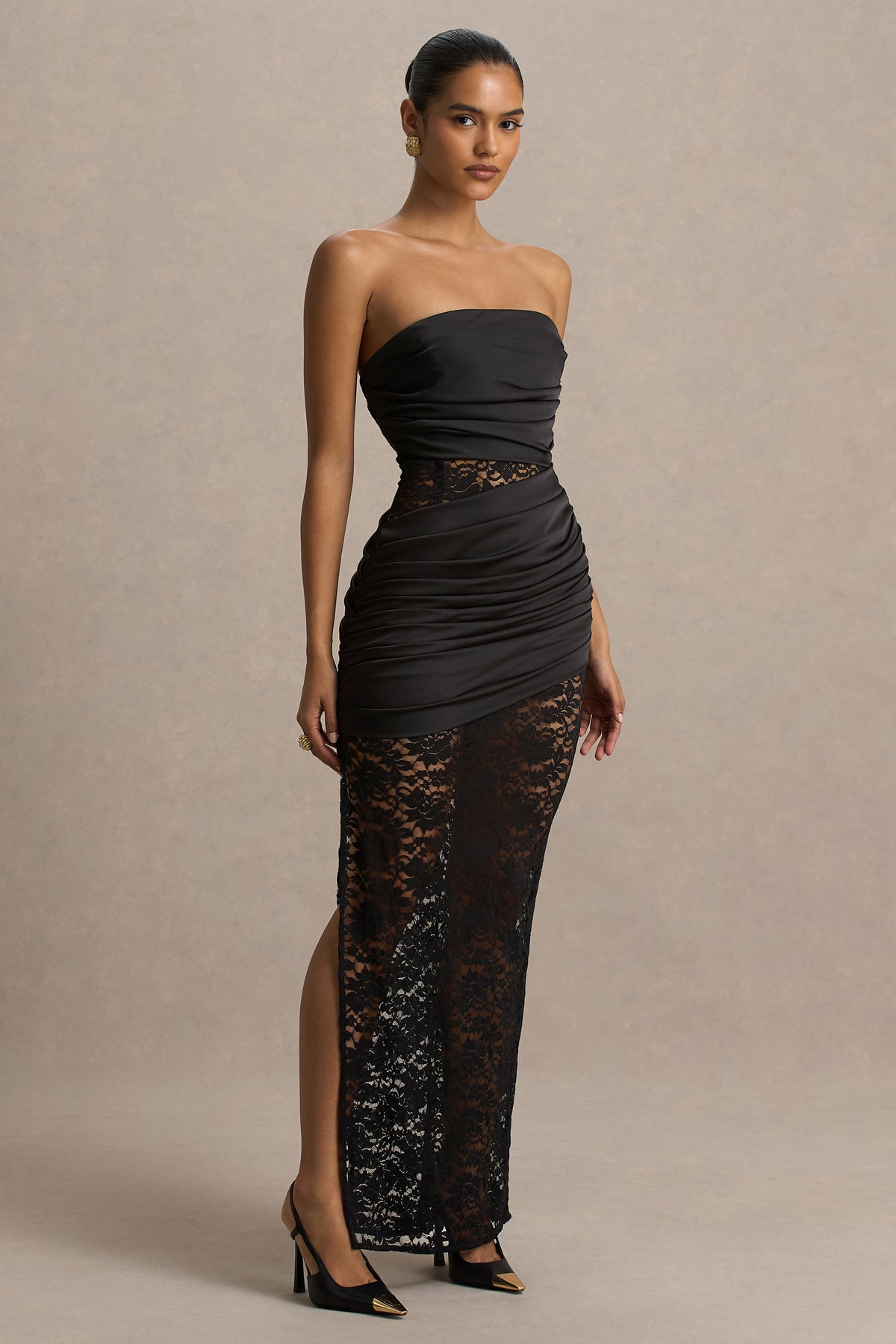 Dulcie | Black Lace And Satin Bandeau Midaxi Dress With Wrap-Details - UK 6 Black Dulcie | Black Lace And Satin Bandeau Midaxi Dress With Wrap-Details - UK 6 Black