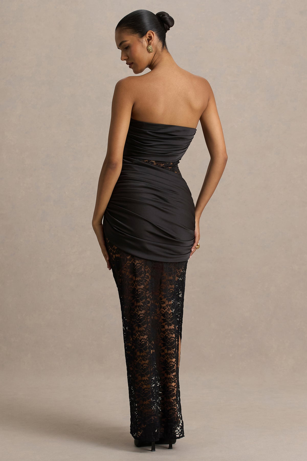 Dulcie Black Lace And Satin Bandeau Midaxi Dress With Wrap-Details Club L London - USA Dulcie Black Lace And Satin Bandeau Midaxi Dress With Wrap-Details Club L London - USA