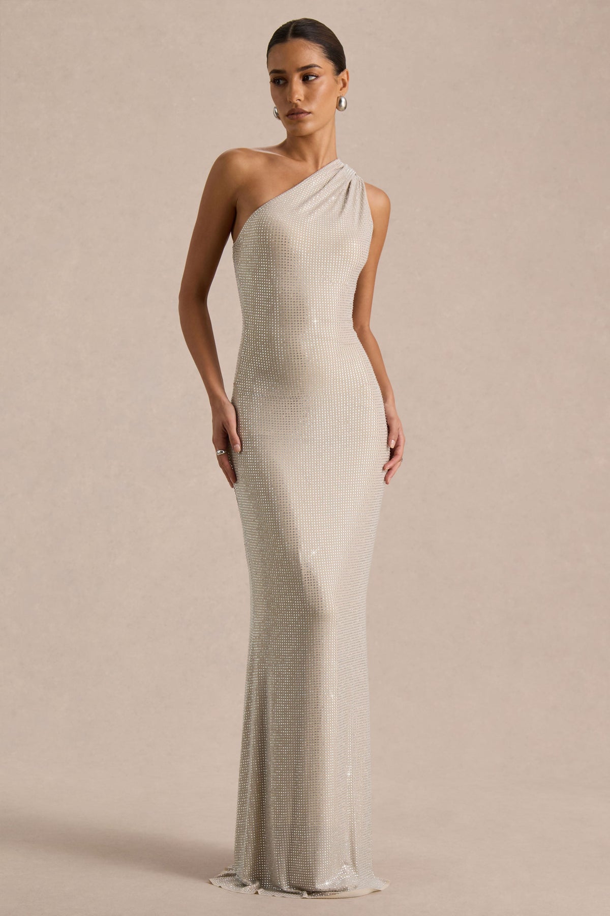 Deity | Silver Embellished Asymmetric-Neck Maxi Dress With Open-Back - UK 10 Silver Deity | Silver Embellished Asymmetric-Neck Maxi Dress With Open-Back - UK 10 Silver