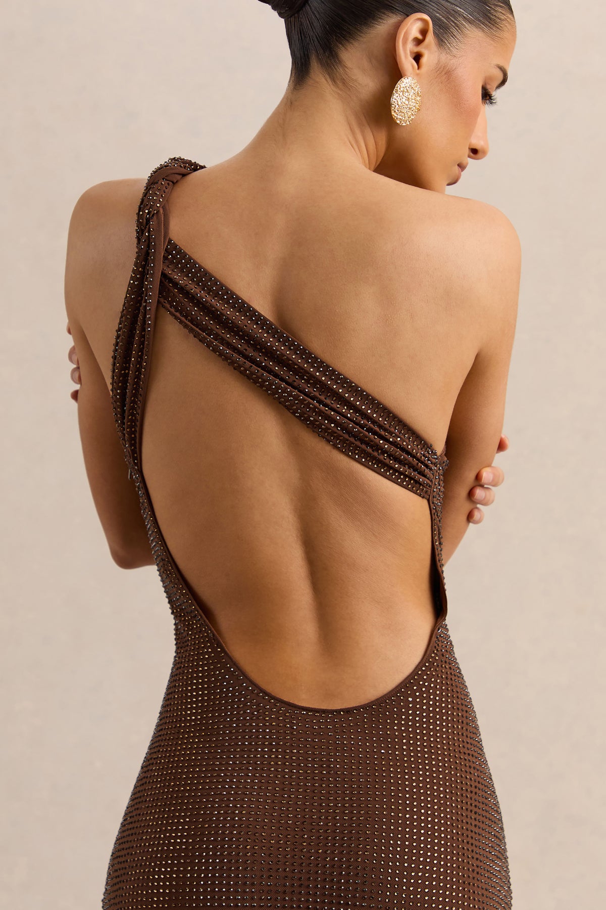 Deity Brown Embellished Asymmetric-Neck Maxi Dress With Open-Back Club L London - USA Deity Brown Embellished Asymmetric-Neck Maxi Dress With Open-Back Club L London - USA
