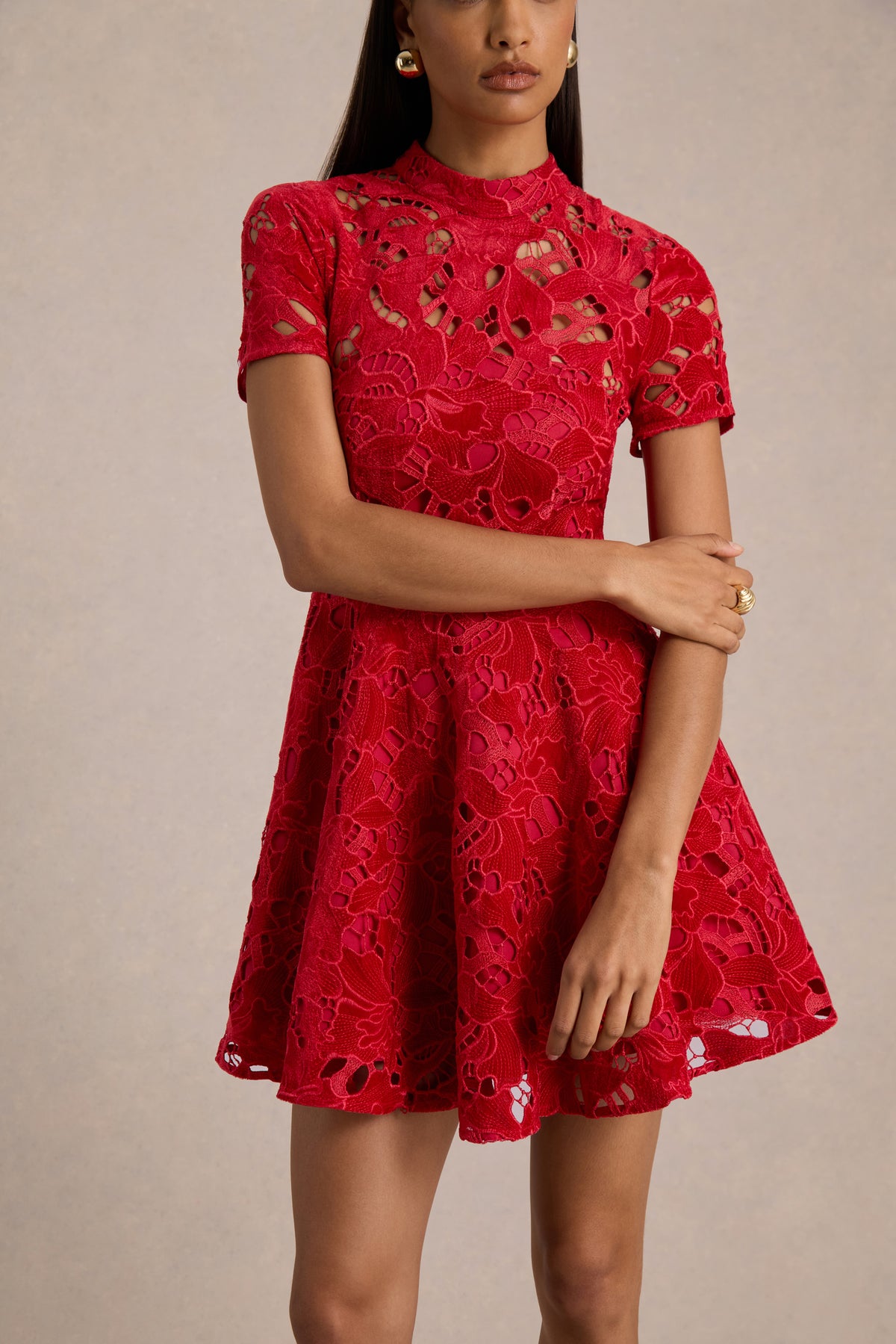 Roam Red Lace High-Neck Mini Dress Club L London - USA Roam Red Lace High-Neck Mini Dress Club L London - USA