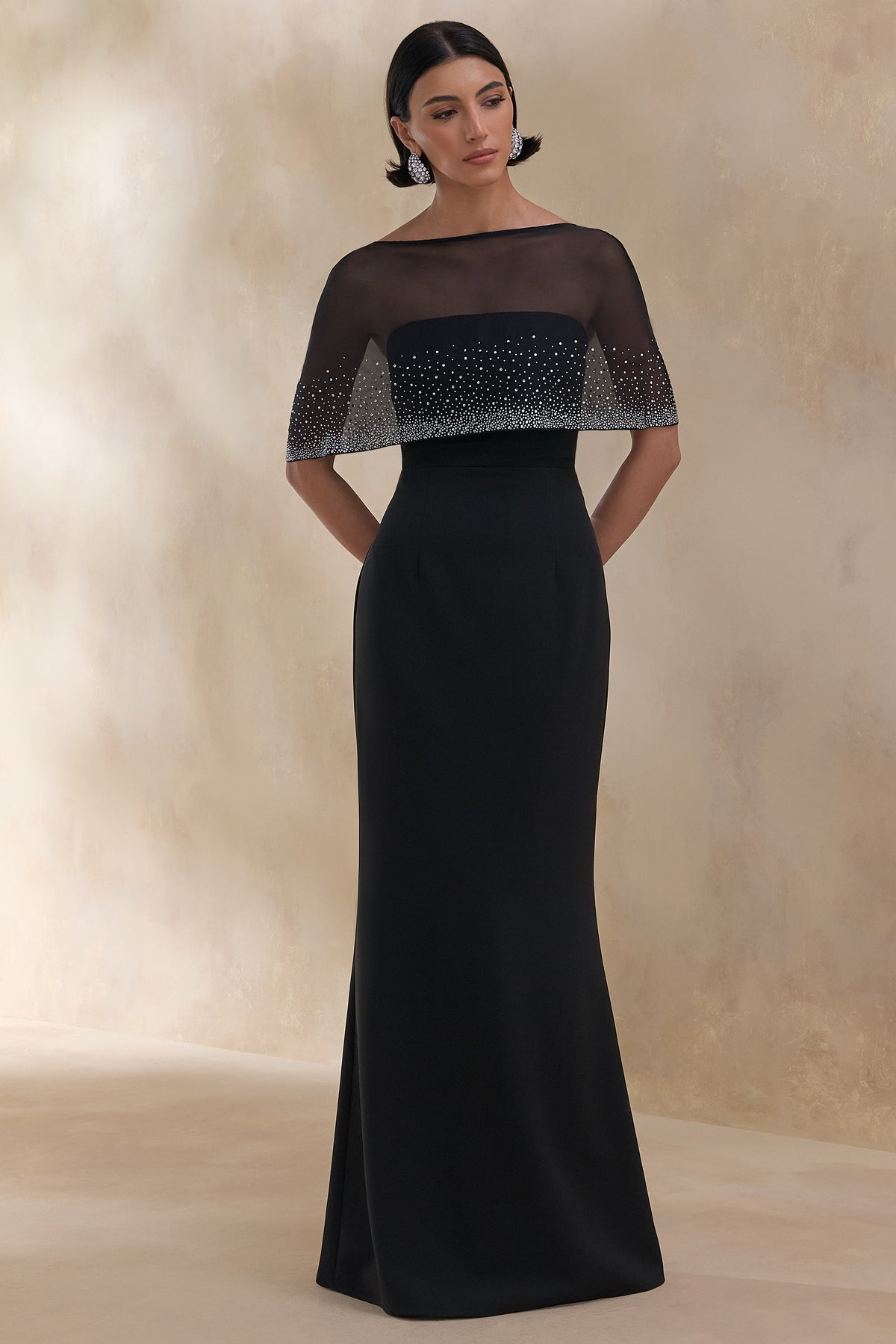 Everly | Black Hand-Embellished Cape-Sleeve Maxi Dress - UK 10 Black Everly | Black Hand-Embellished Cape-Sleeve Maxi Dress - UK 10 Black