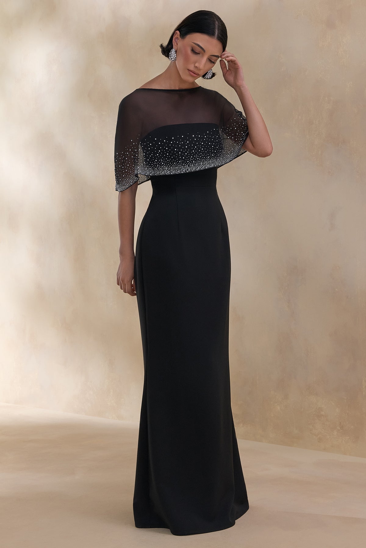 Everly Black Hand-Embellished Cape-Sleeve Maxi Dress Club L London - USA Everly Black Hand-Embellished Cape-Sleeve Maxi Dress Club L London - USA