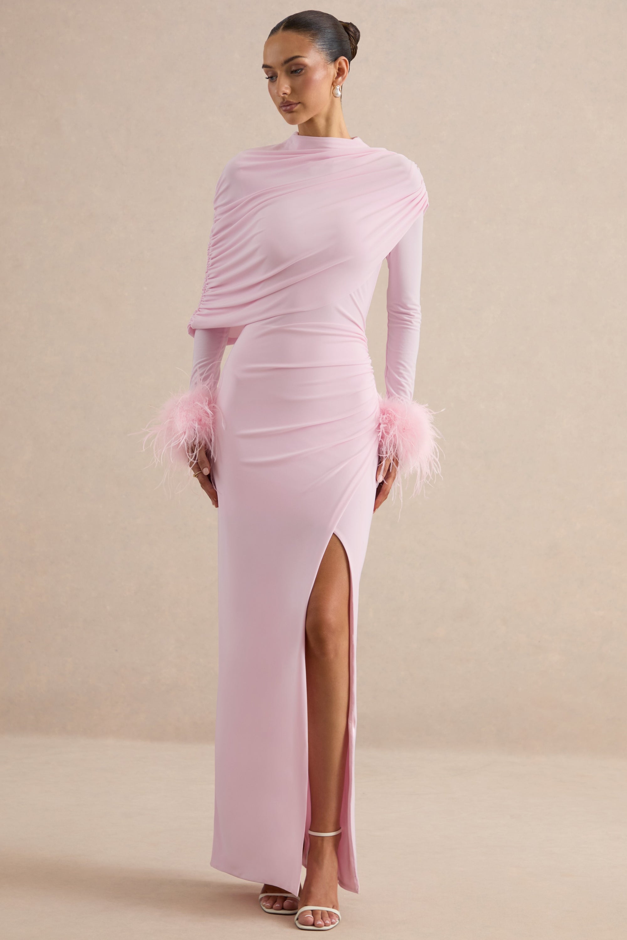 Gatsby | Light Pink High-Neck Maxi Dress With Feather Trim Cuffs – Club L London