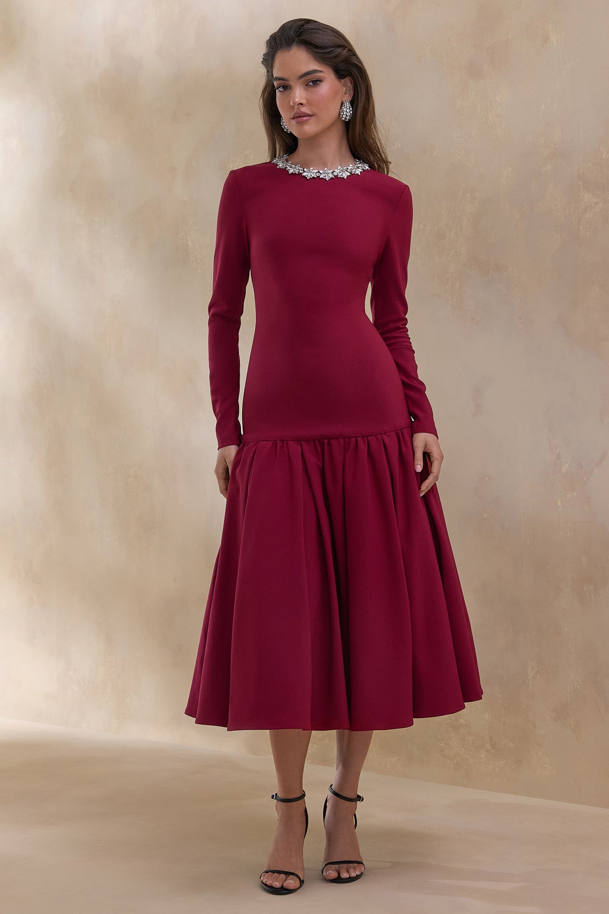 Jovana | Burgundy Hand-Embellished Crew-Neck Midi Dress With Drop Waist - UK 8 Burgundy Jovana | Burgundy Hand-Embellished Crew-Neck Midi Dress With Drop Waist - UK 8 Burgundy