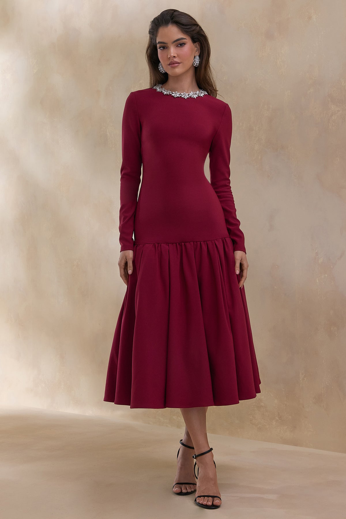 Jovana Burgundy Hand-Embellished Crew-Neck Midi Dress With Drop Wais Club L London - USA Jovana Burgundy Hand-Embellished Crew-Neck Midi Dress With Drop Wais Club L London - USA