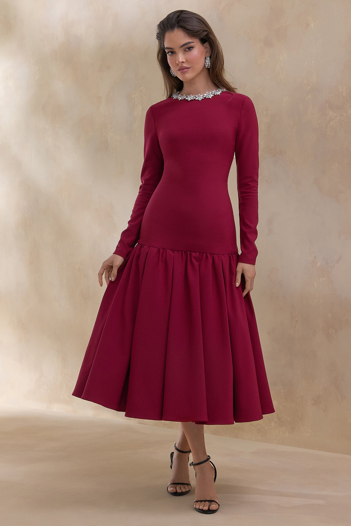 Jovana | Burgundy Hand-Embellished Crew-Neck Midi Dress With Drop Waist - UK 8 Burgundy Jovana | Burgundy Hand-Embellished Crew-Neck Midi Dress With Drop Waist - UK 8 Burgundy