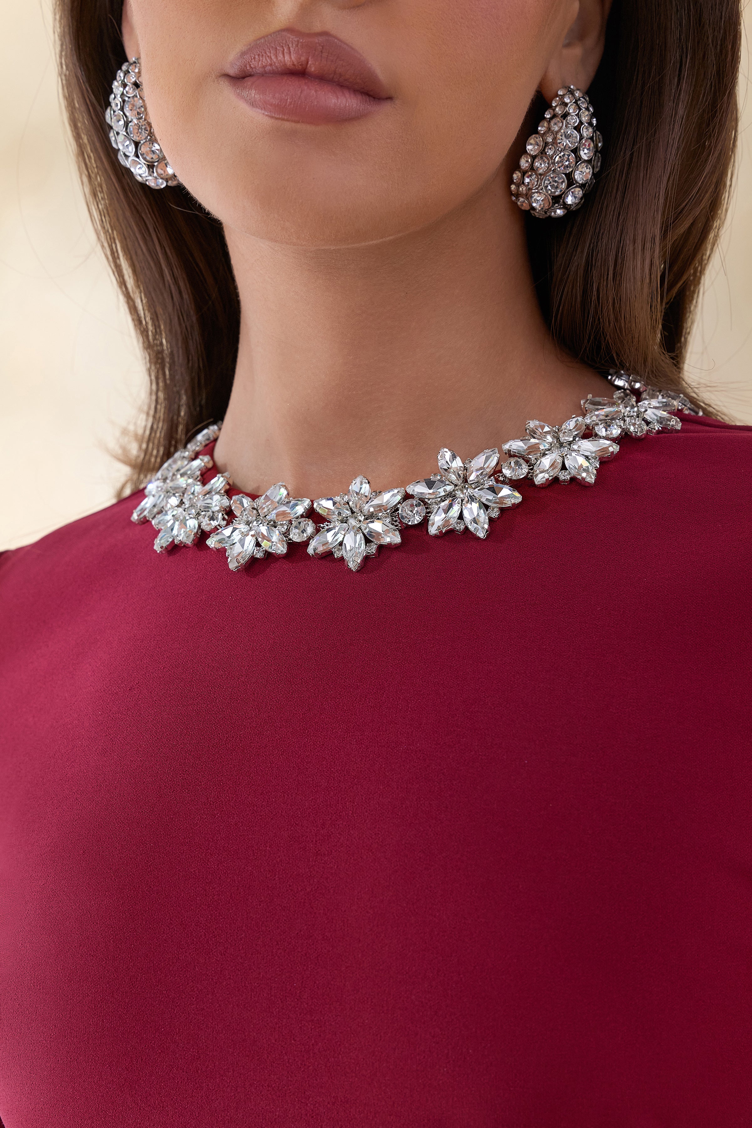 Jovana | Burgundy Hand-Embellished Crew-Neck Midi Dress With Drop