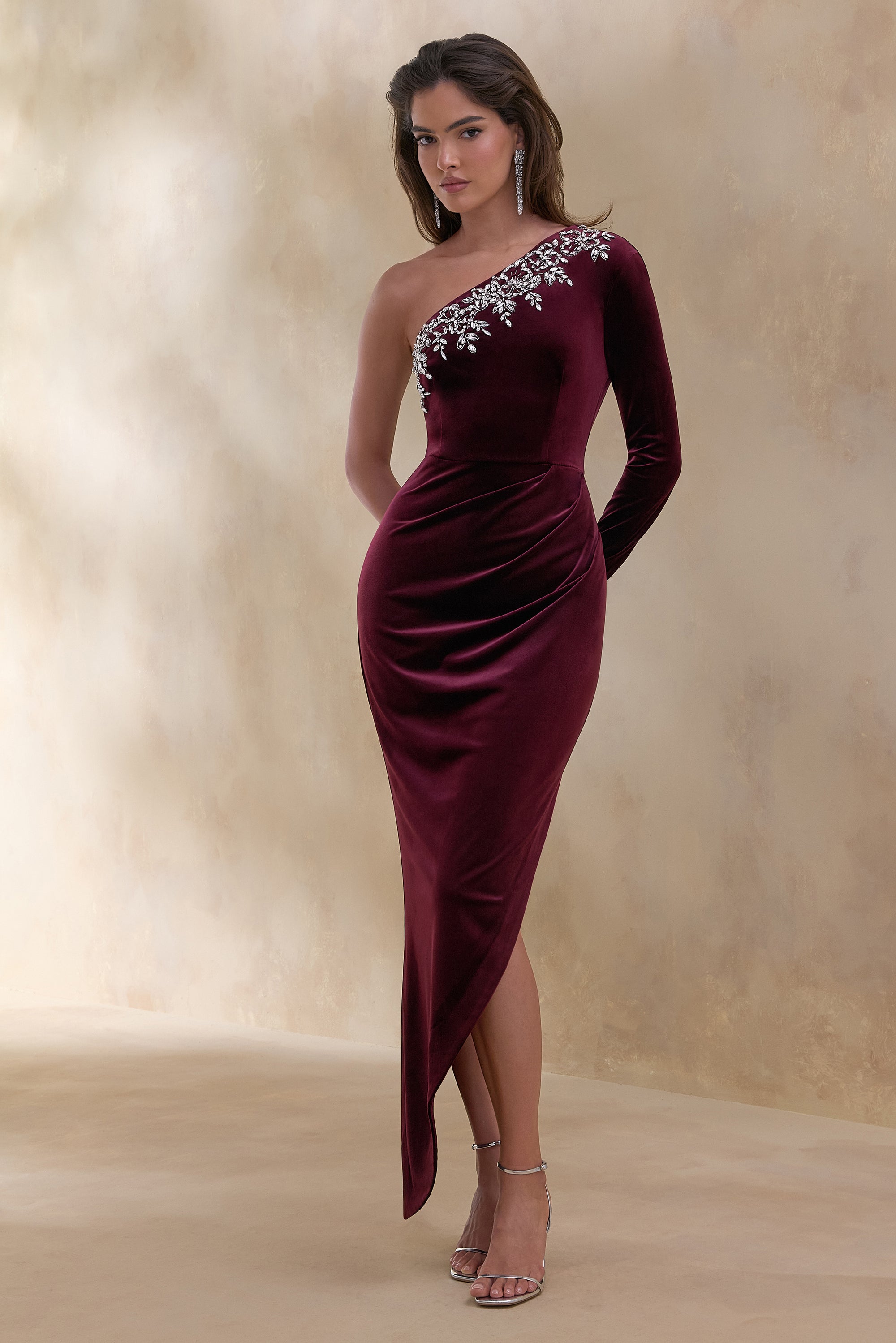 Nyssa | Burgundy Embellished Asymmetric-Neck Maxi Dress