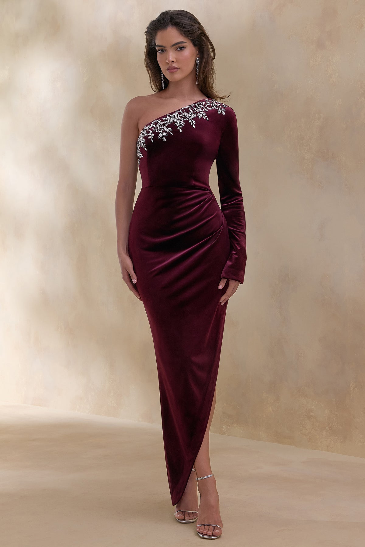 Nyssa | Burgundy Embellished Asymmetric-Neck Maxi Dress - UK 16 Burgundy Nyssa | Burgundy Embellished Asymmetric-Neck Maxi Dress - UK 16 Burgundy
