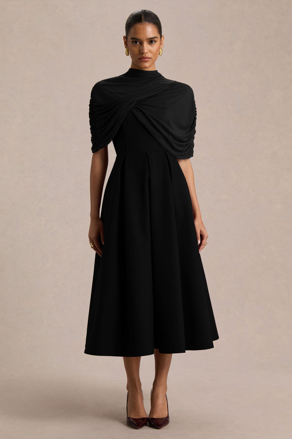 Thalia | Black High-Neck Midi Dress With Sheer Mesh Cape - UK 14 Black Thalia | Black High-Neck Midi Dress With Sheer Mesh Cape - UK 14 Black