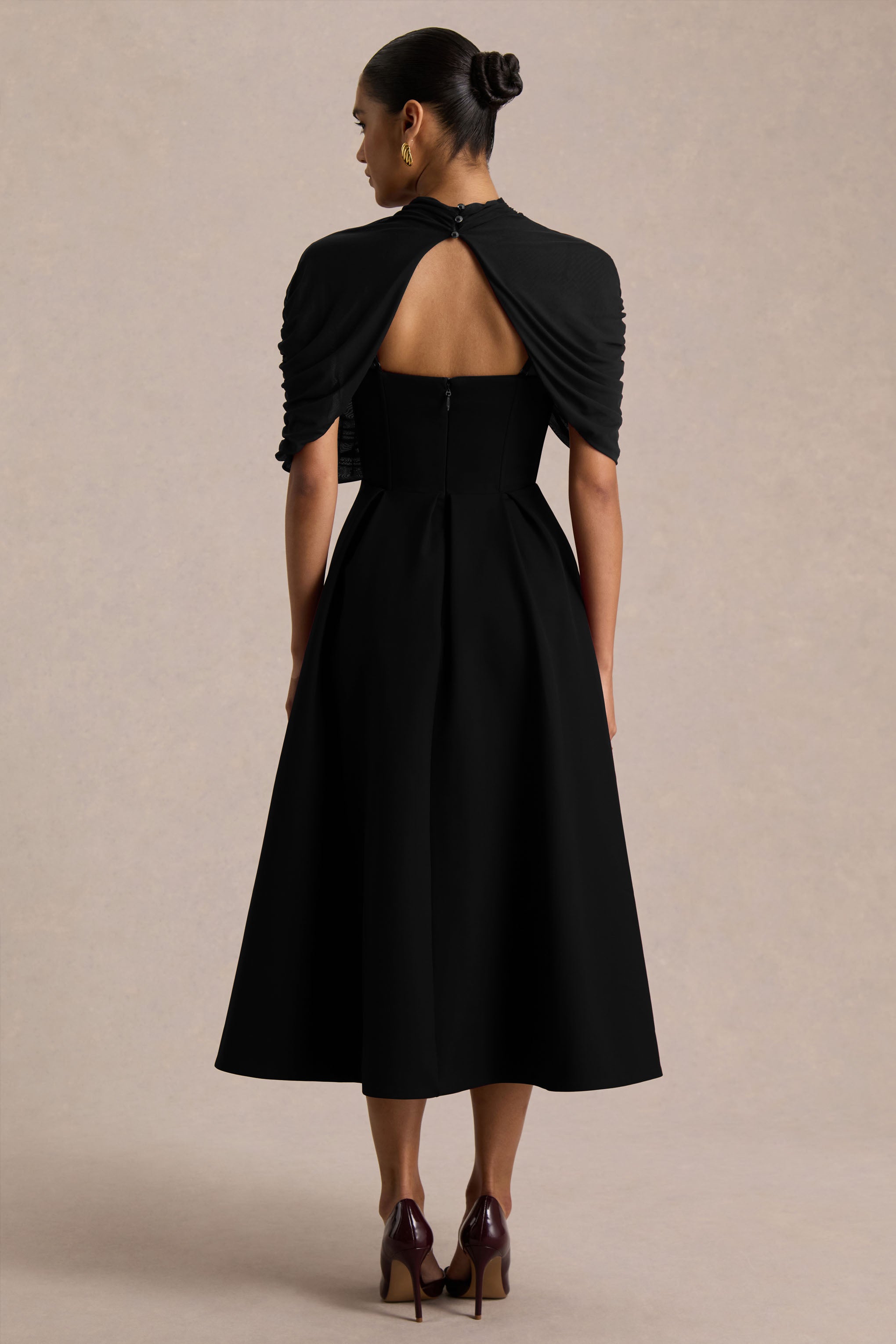 Thalia | Black High-Neck Midi Dress With Sheer Mesh Cape – Club L