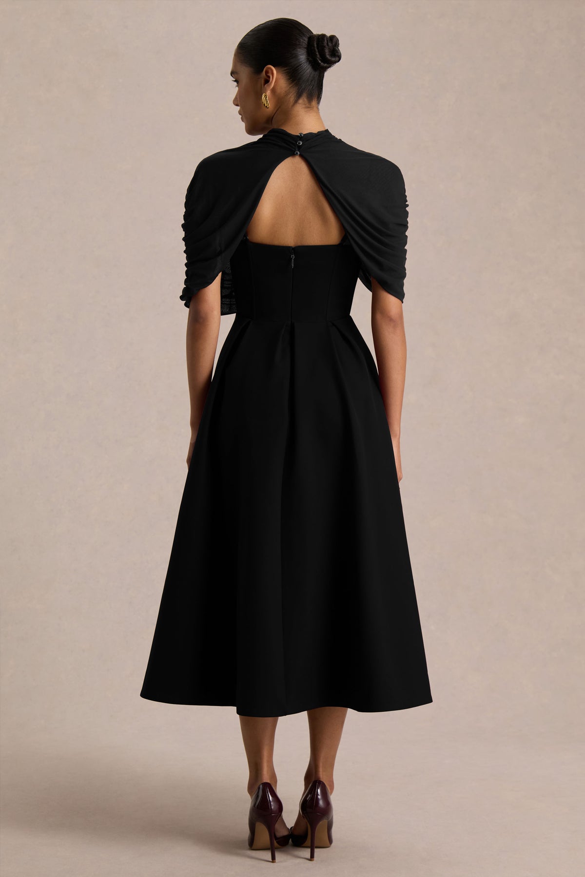 Thalia Black High-Neck Midi Dress With Sheer Mesh Cape Club L London - USA Thalia Black High-Neck Midi Dress With Sheer Mesh Cape Club L London - USA