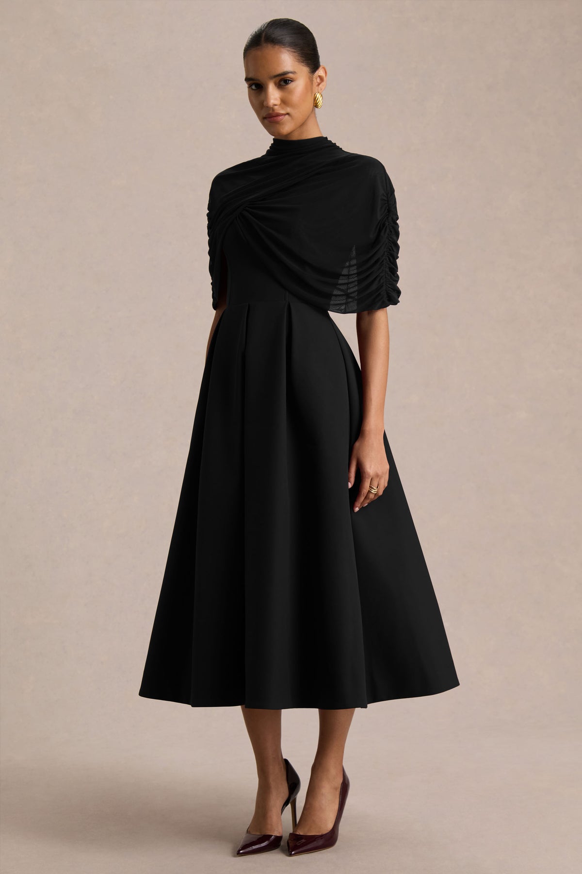 CL137012002_Thalia  Black High-Neck Midi Dress With Sheer Mesh Cape4.jpg