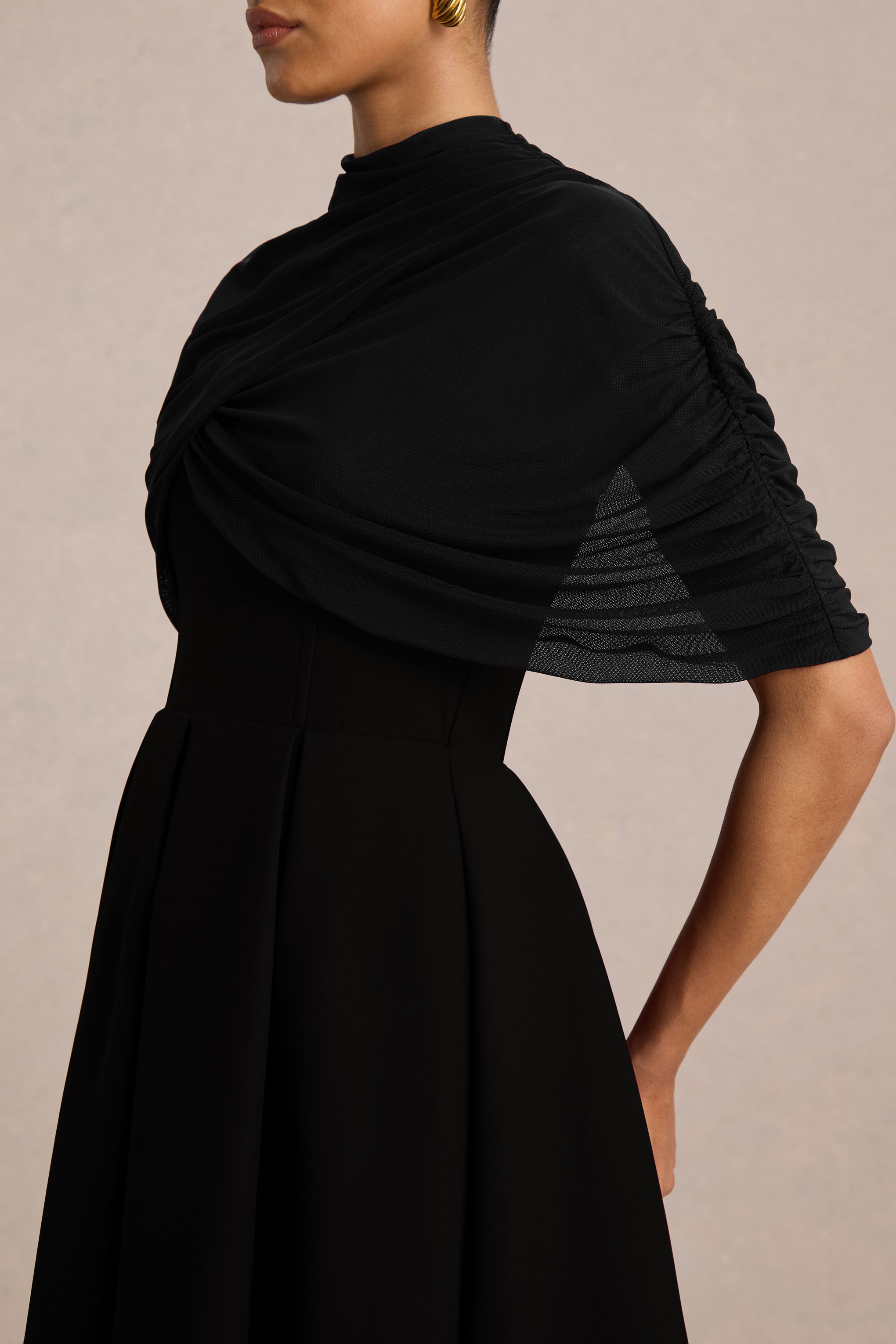 Thalia | Black High-Neck Midi Dress With Sheer Mesh Cape – Club L