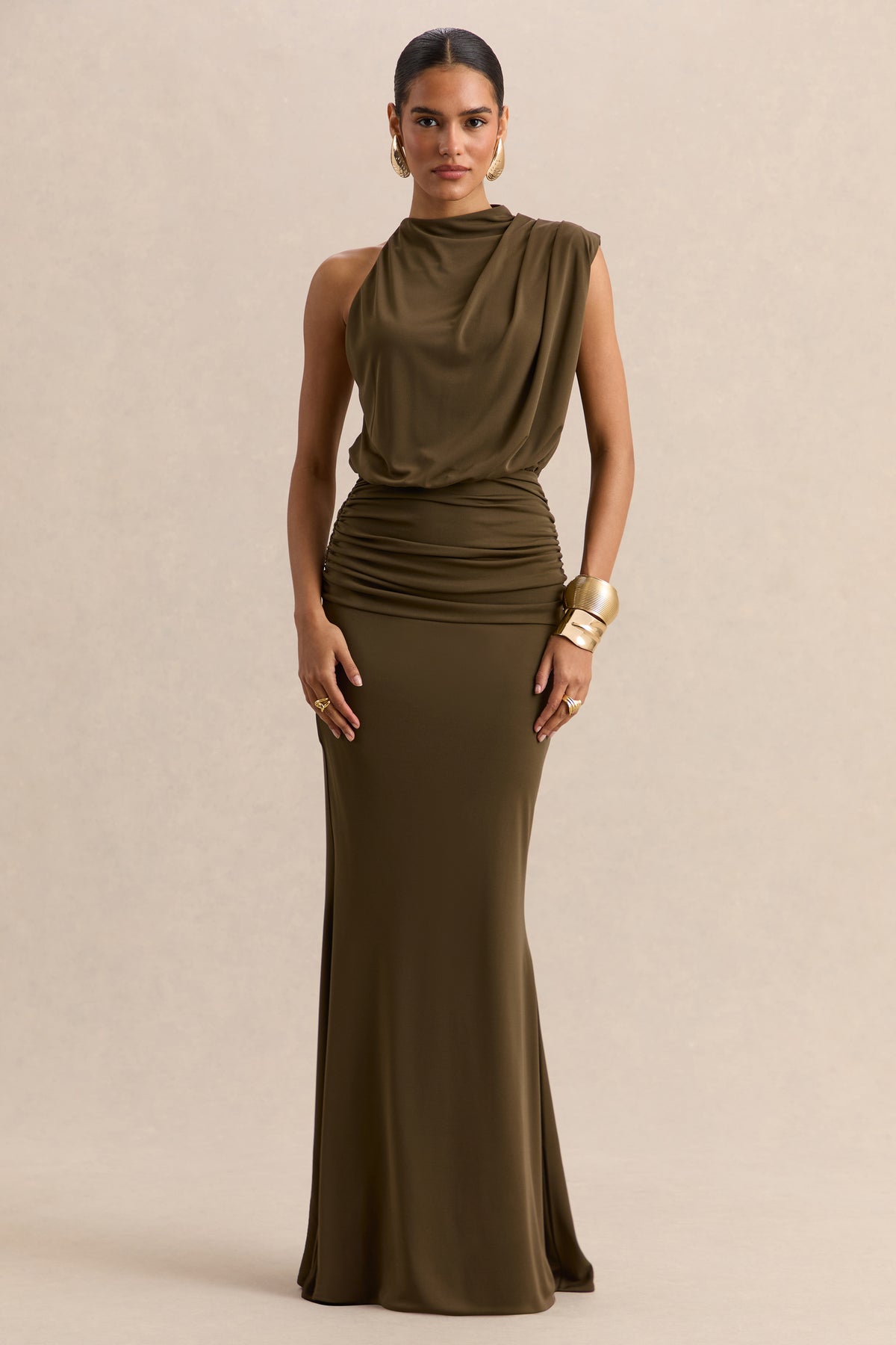 Umaira Khaki High-Neck Maxi Dress Club L London - USA Umaira Khaki High-Neck Maxi Dress Club L London - USA