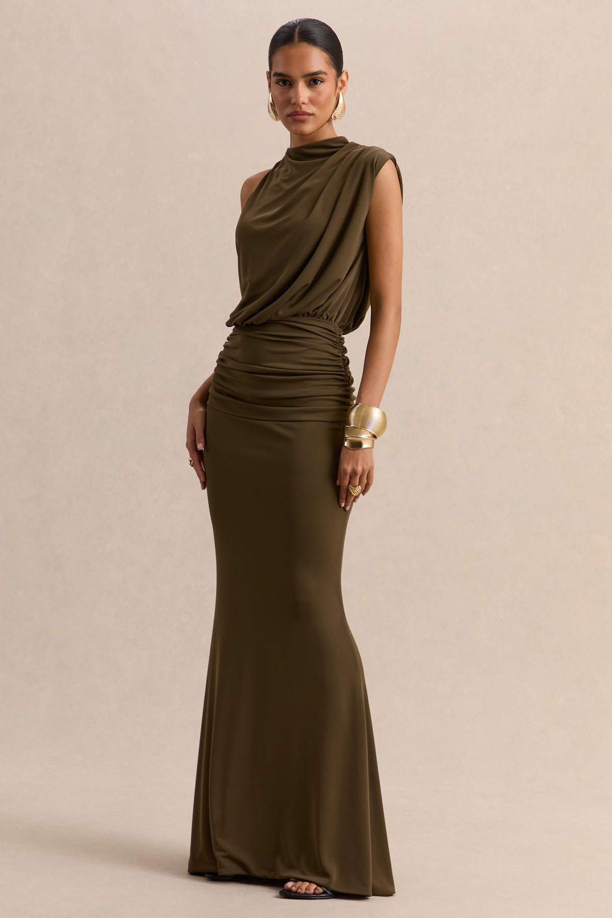 Umaira Khaki High-Neck Maxi Dress Club L London - USA Umaira Khaki High-Neck Maxi Dress Club L London - USA