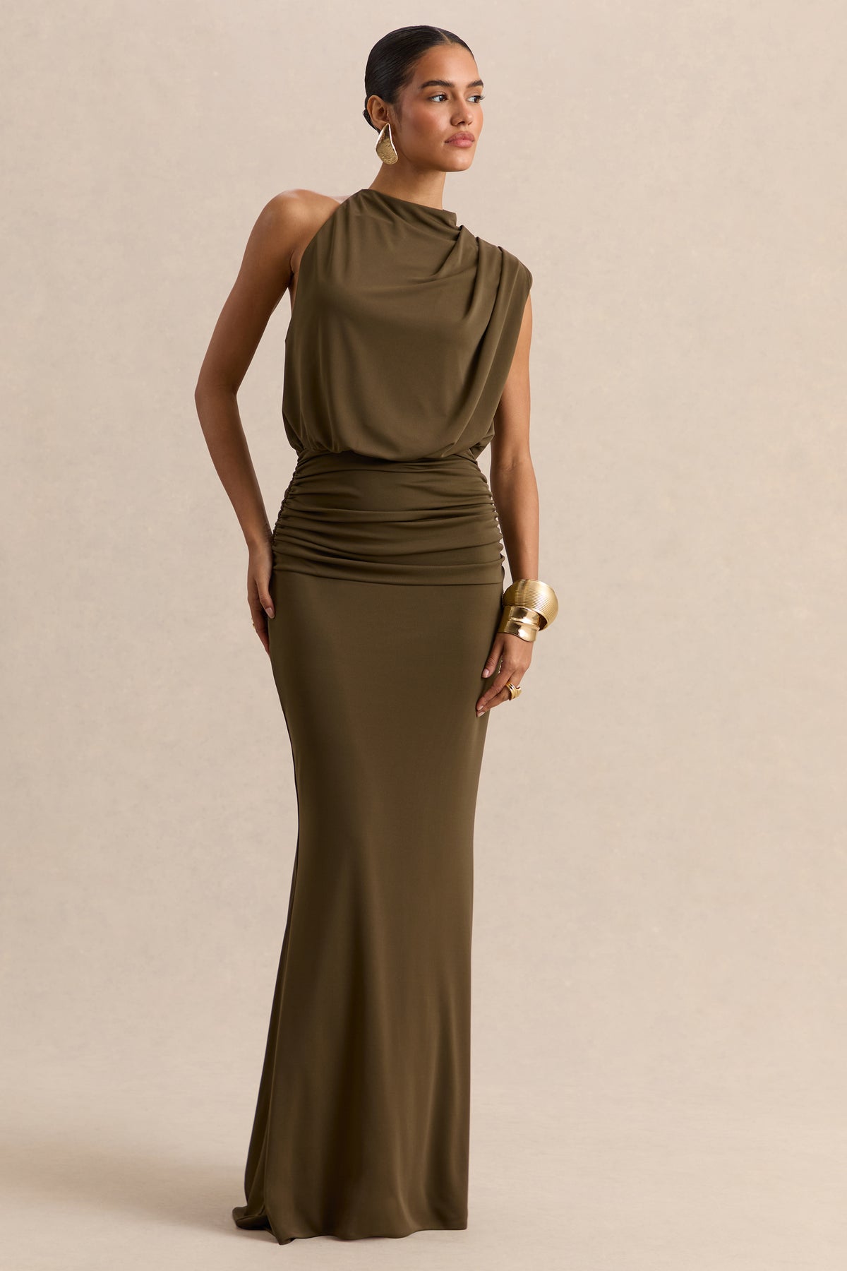Umaira | Khaki High-Neck Maxi Dress - UK 16 Khaki Umaira | Khaki High-Neck Maxi Dress - UK 16 Khaki
