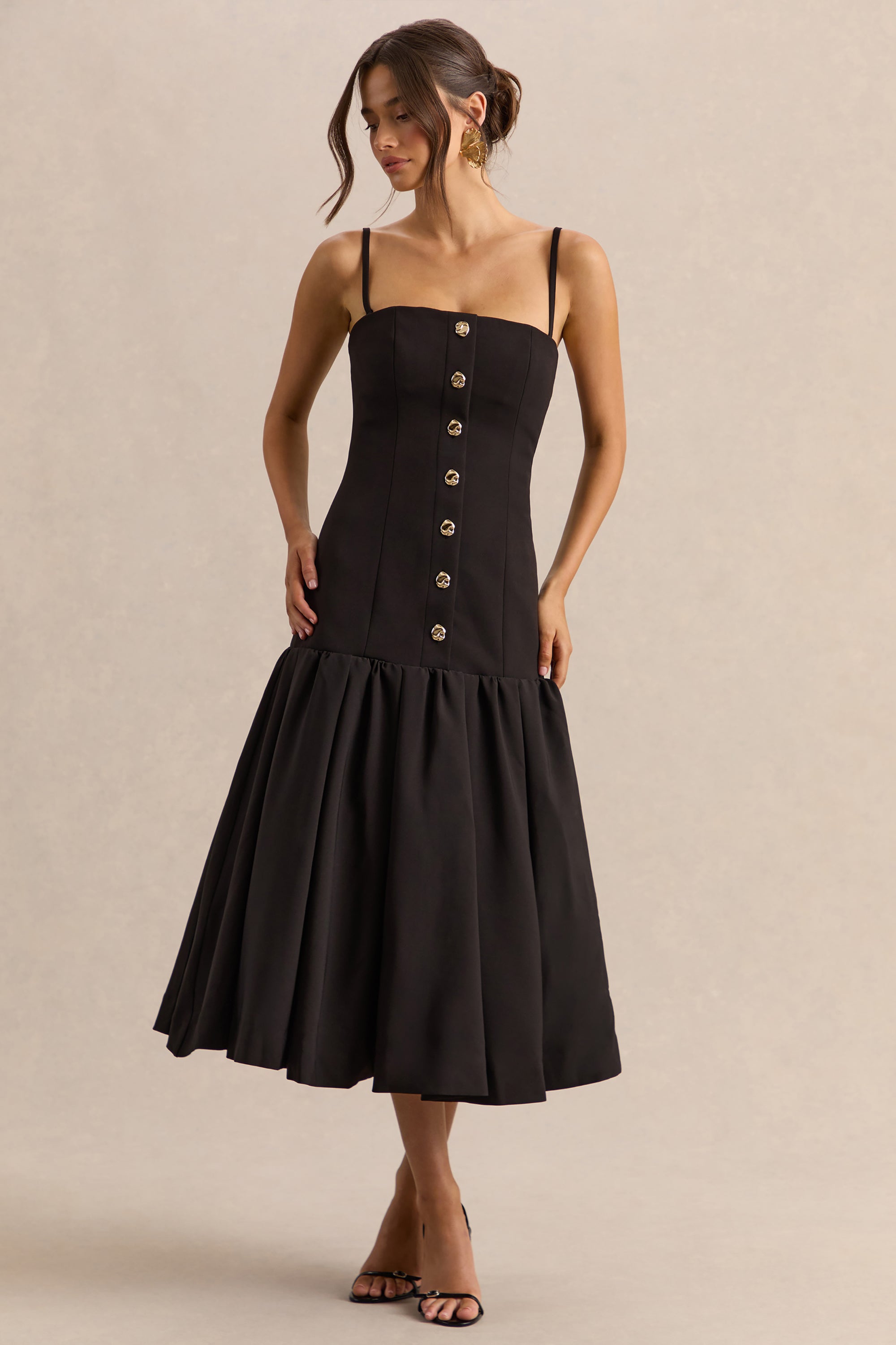 midi black and gold dress Lilly Black Gold Foil Print Puff Sleeve Midi Dress
