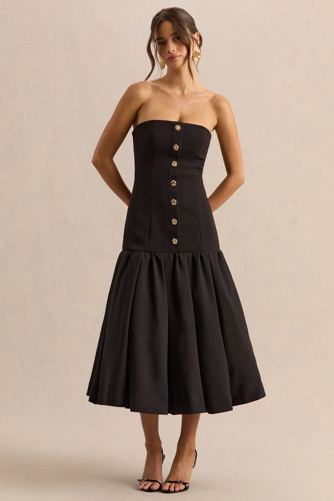 Briella | Black Bandeau Midi Dress with Gold-Button Detailing - UK 6 Black Briella | Black Bandeau Midi Dress with Gold-Button Detailing - UK 6 Black