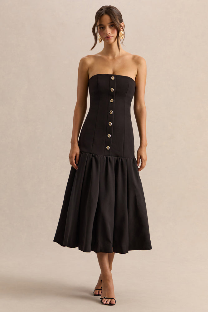 gold button midi dress Briella Black Bandeau Midi Dress With Gold-Button Detailing – Club L London