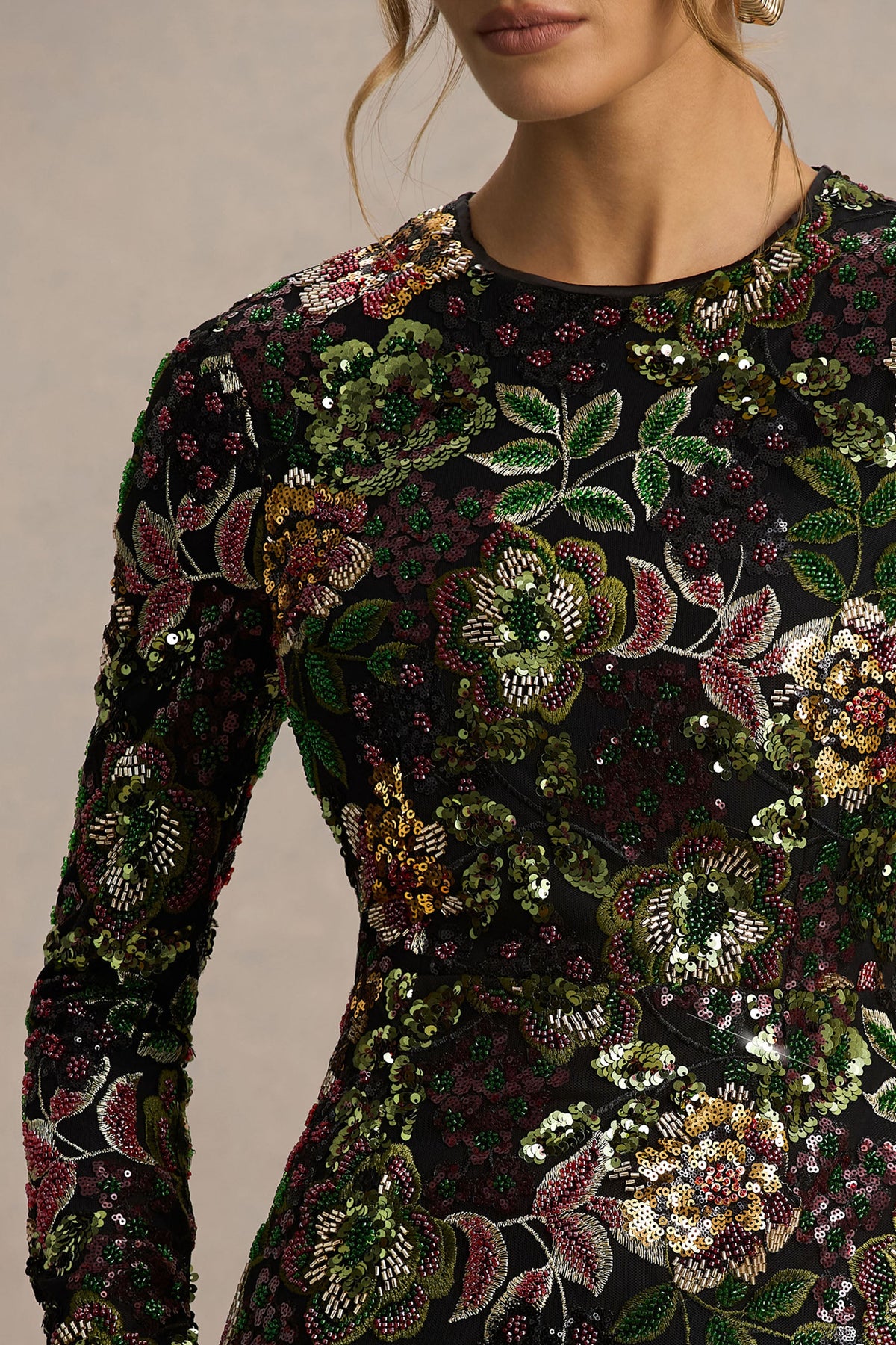 Moonlit | Winter Floral Mesh and Sequin Crew-Neck Mini Dress US 8 / Multi Moonlit | Winter Floral Mesh and Sequin Crew-Neck Mini Dress US 8 / Multi