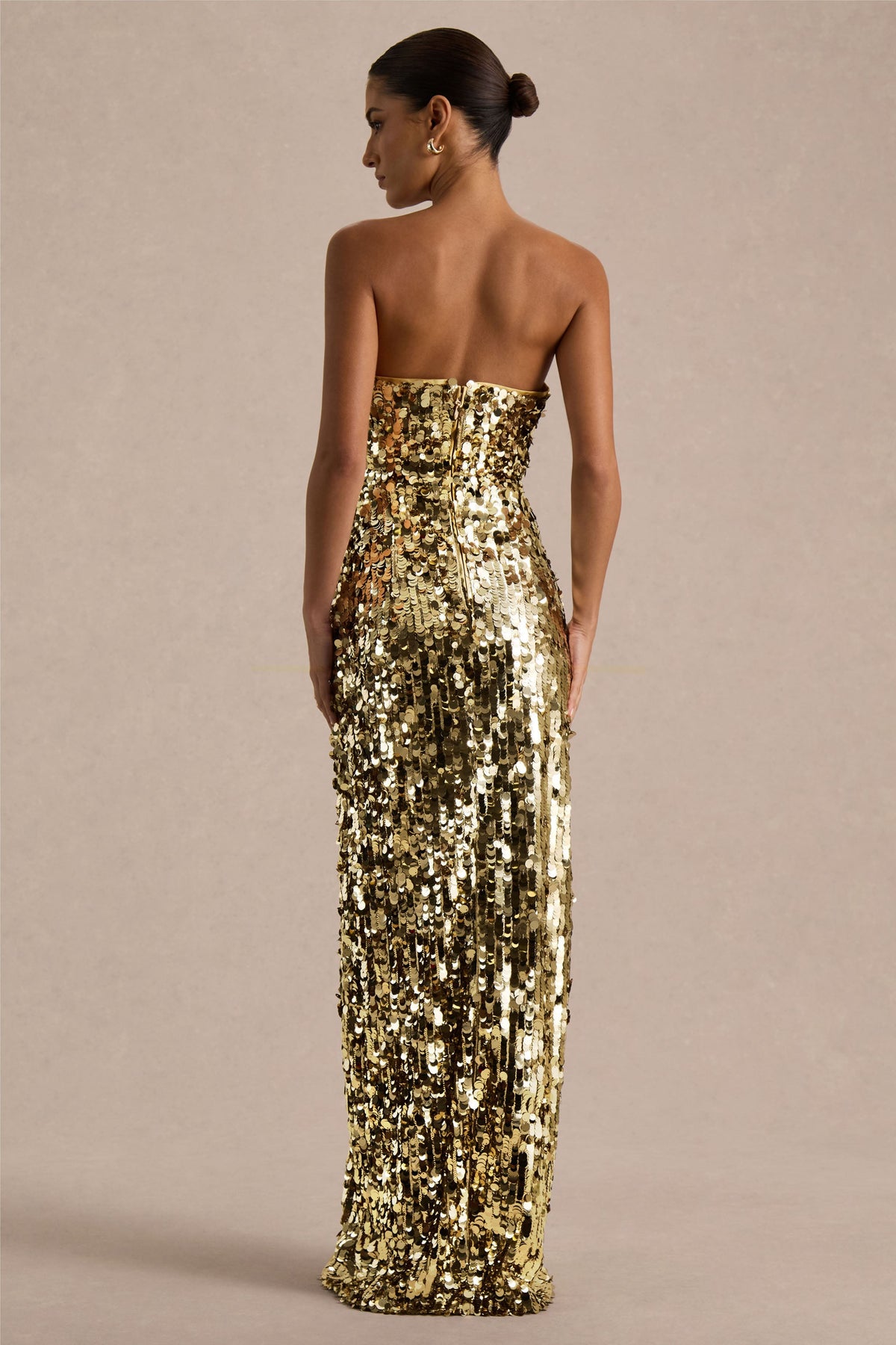 Nerea Gold Sequin Bandeau Maxi Dress With Front High-Split Club L London - USA Nerea Gold Sequin Bandeau Maxi Dress With Front High-Split Club L London - USA