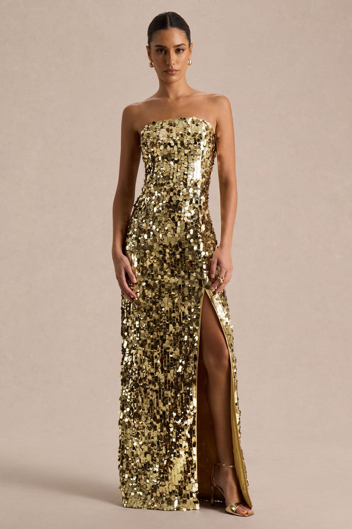 Nerea Gold Sequin Bandeau Maxi Dress With Front High-Split Club L London - USA Nerea Gold Sequin Bandeau Maxi Dress With Front High-Split Club L London - USA
