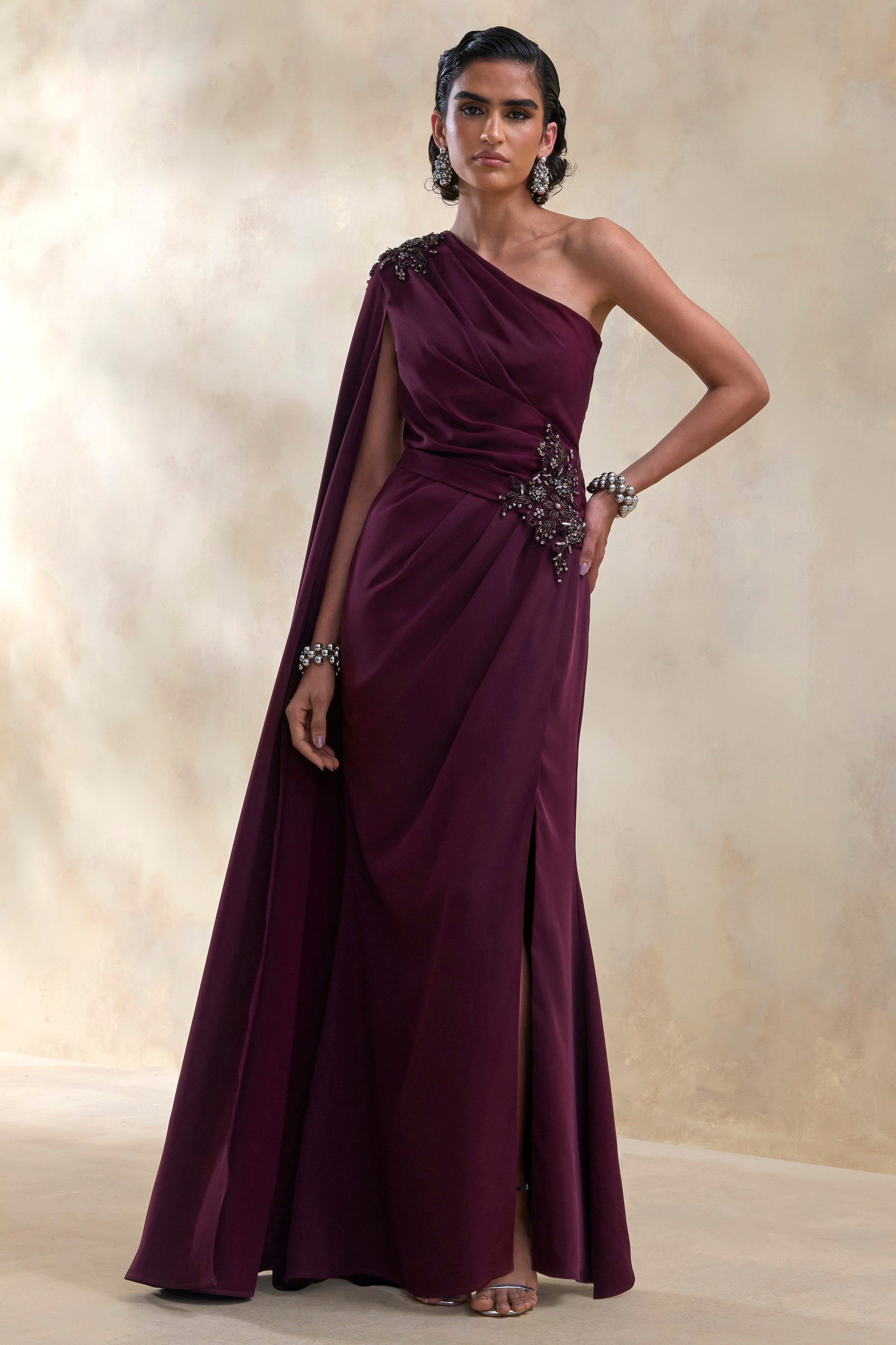 Solace | Dark Plum Asymmetric-Neck Maxi Dress With Front-High