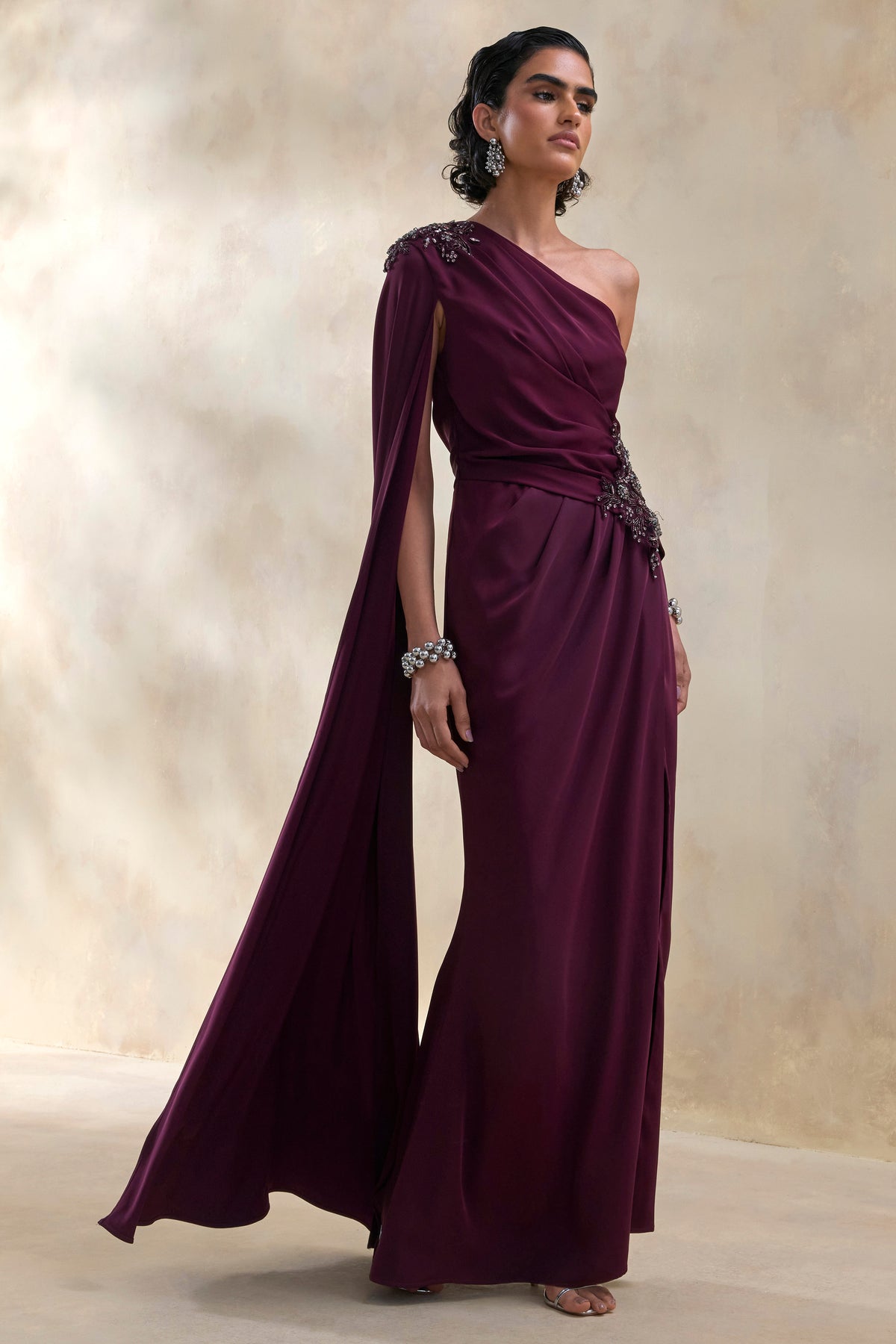 strapless open back dress Solace Dark Plum Asymmetric-Neck Maxi Dress With Front-High Split – Club L  London